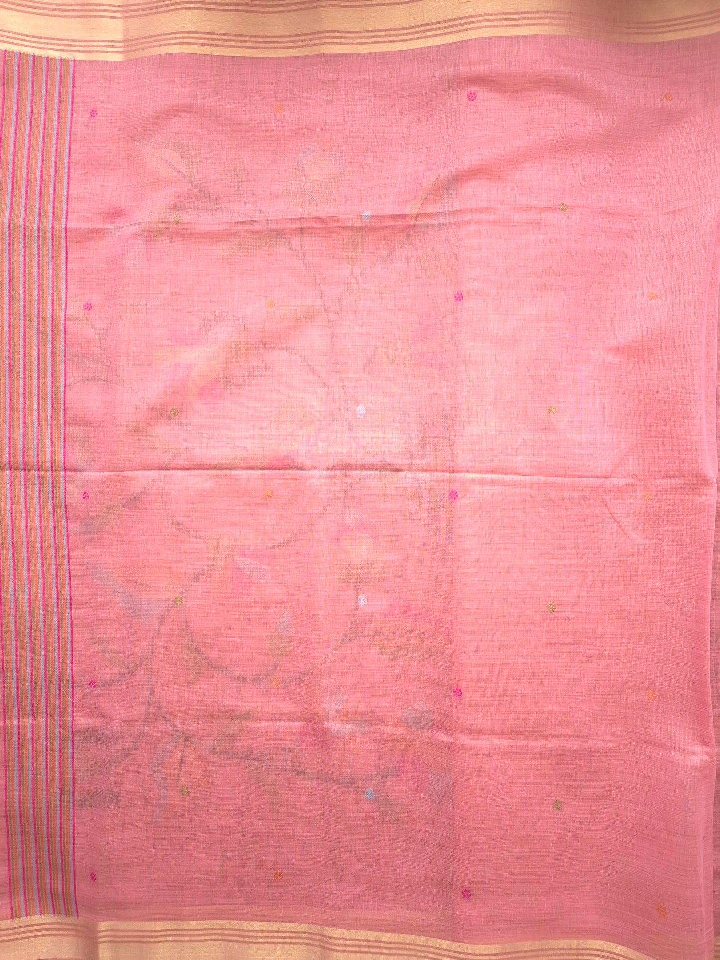 Light Pink Jamdani Saree with Colourful Buttas with Golden Zari and Colorful Floral Motifs on Pallu