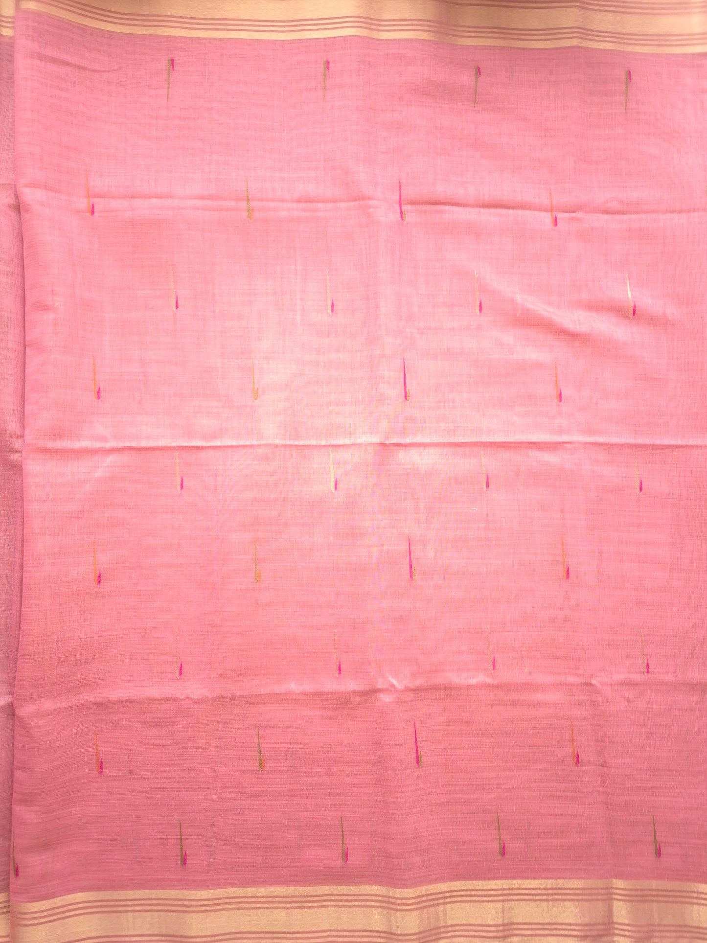 Light Pink Jamdani Saree with Colourful Buttas with Golden Zari and Colorful Floral Motifs on Pallu