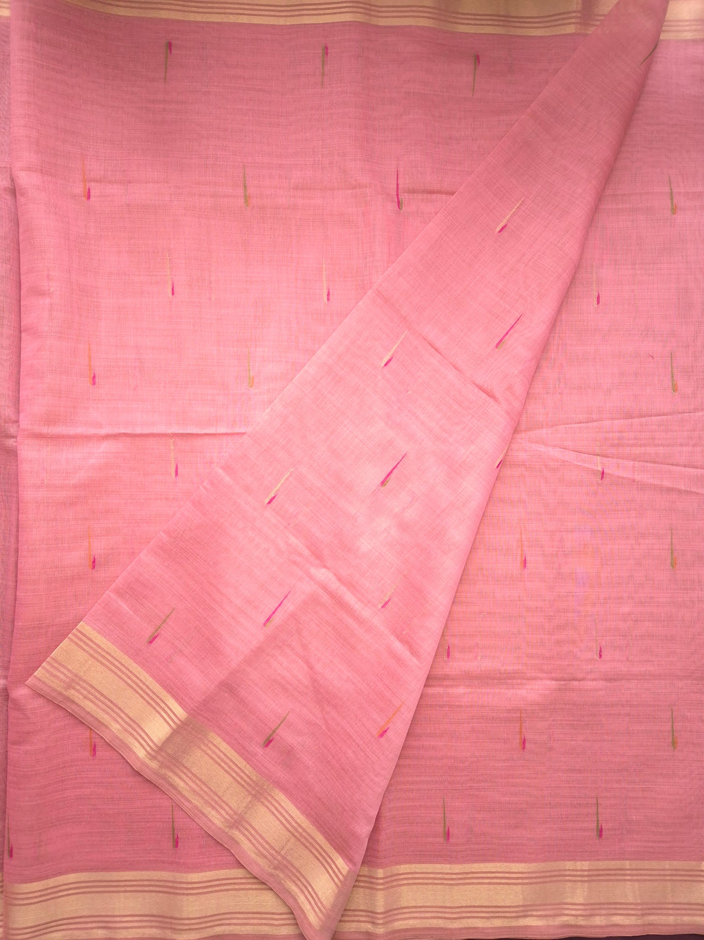 Light Pink Jamdani Saree with Colourful Buttas with Golden Zari and Colorful Floral Motifs on Pallu