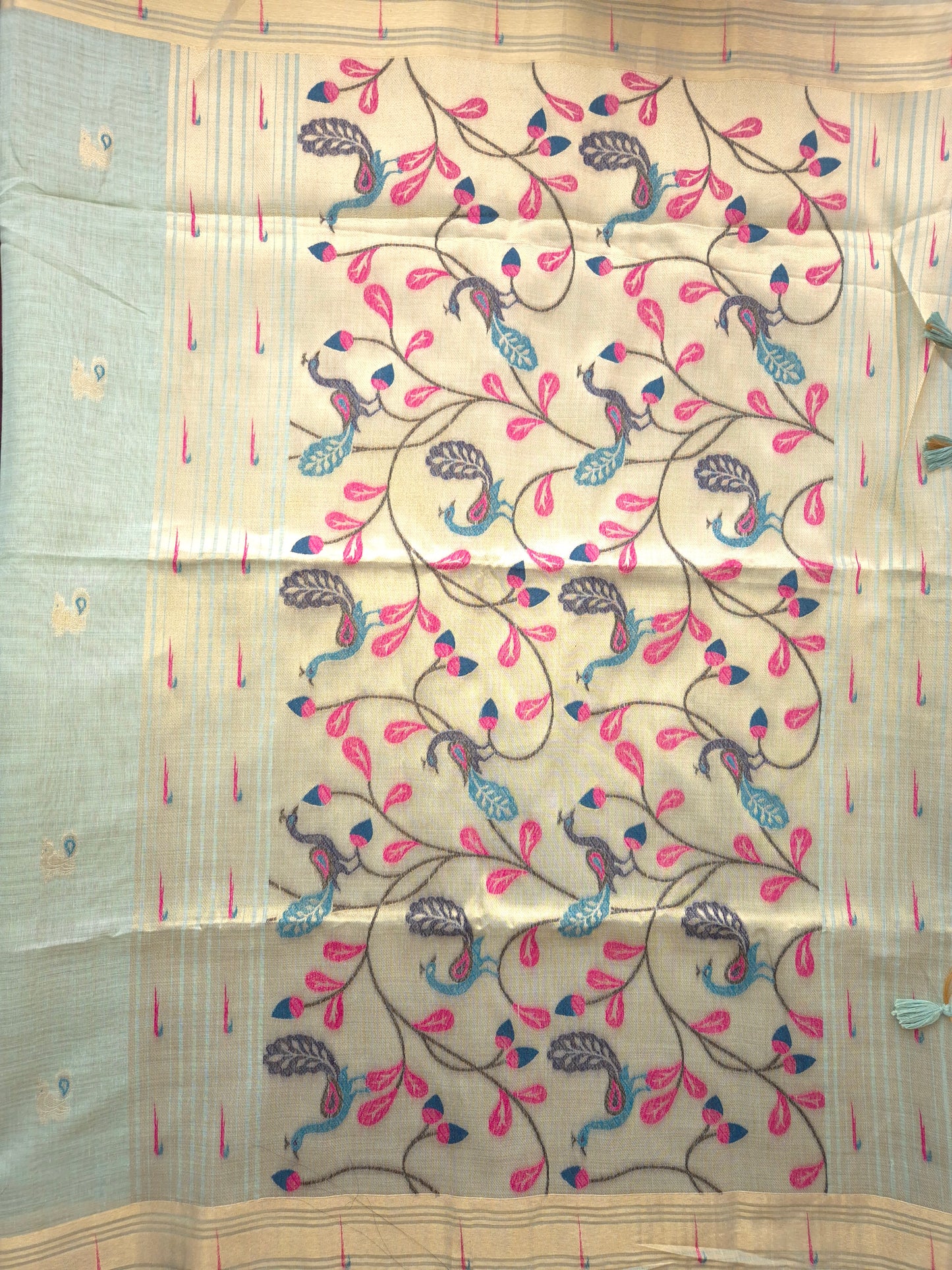 Light Blue Jamdani Saree with Golden Zari Peacock Buttas and Colorful Peacock Motifs on Pallu