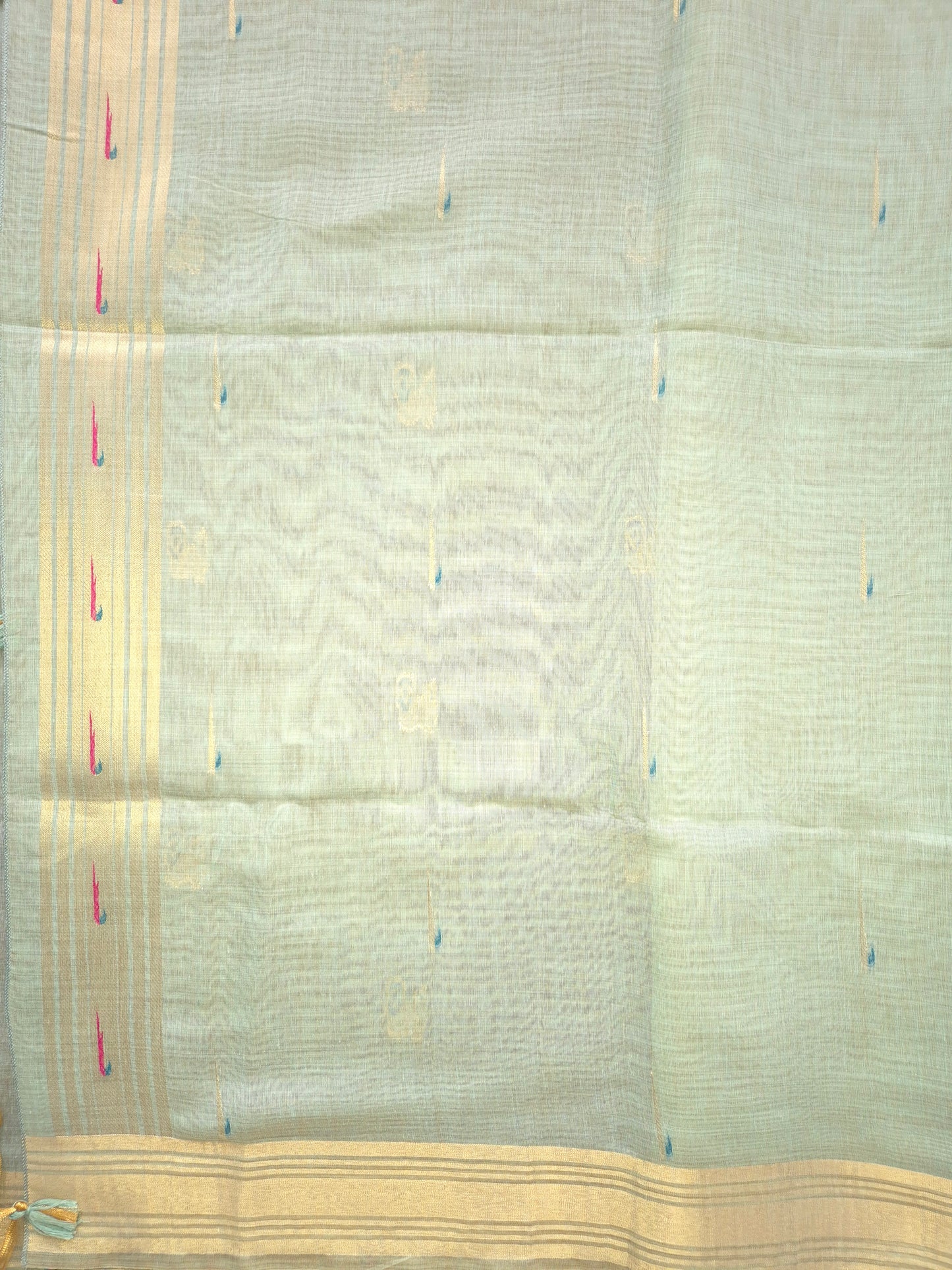 Light Blue Jamdani Saree with Golden Zari Peacock Buttas and Colorful Peacock Motifs on Pallu