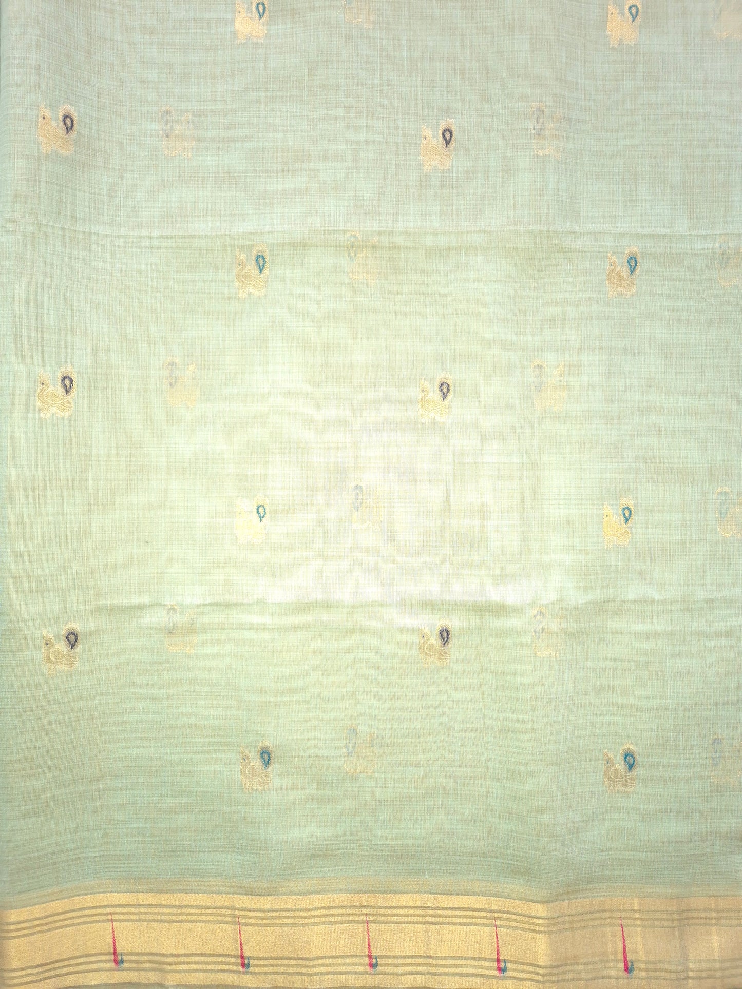 Light Blue Jamdani Saree with Golden Zari Peacock Buttas and Colorful Peacock Motifs on Pallu