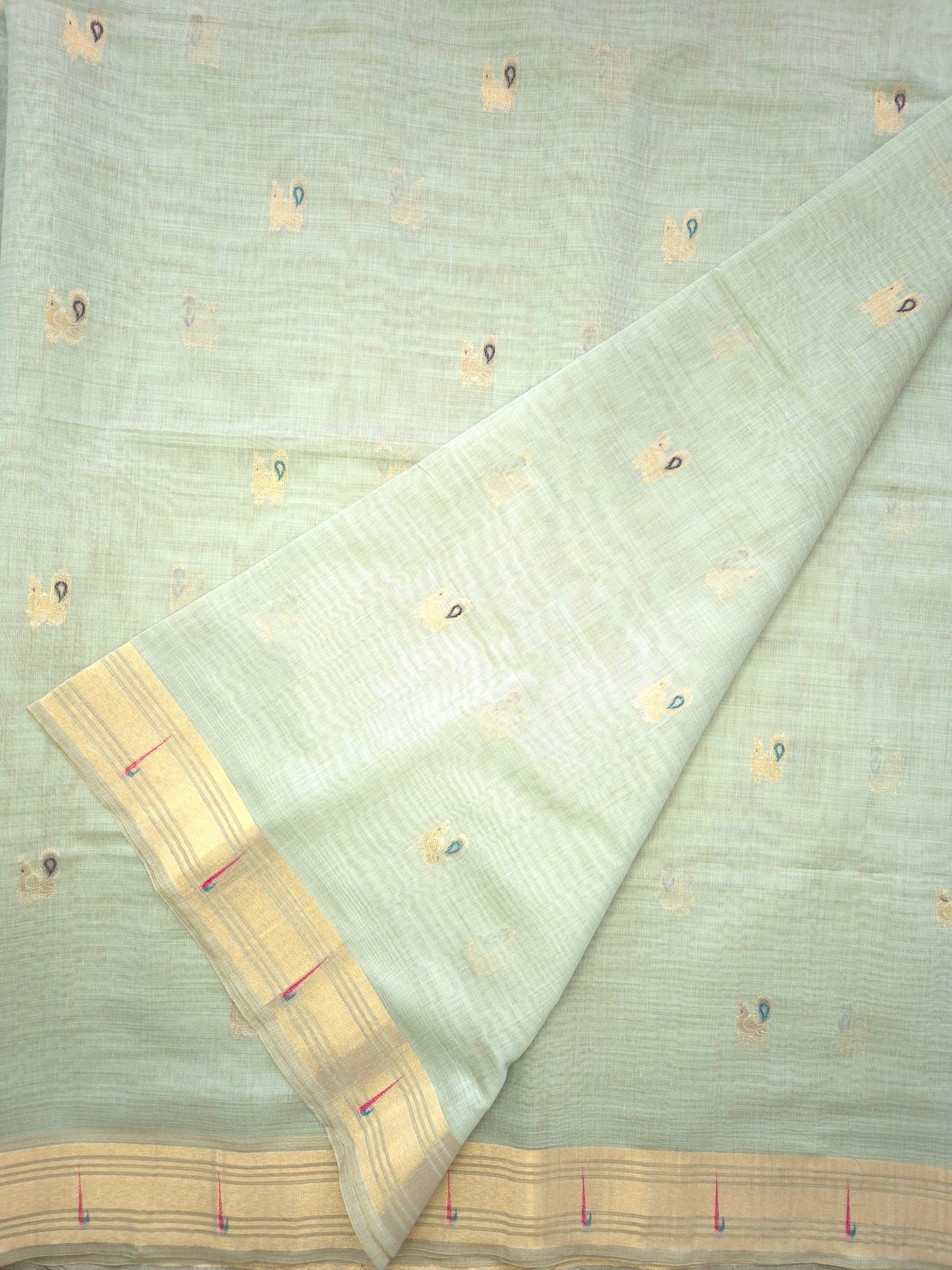 Light Blue Jamdani Saree with Golden Zari Peacock Buttas and Colorful Peacock Motifs on Pallu