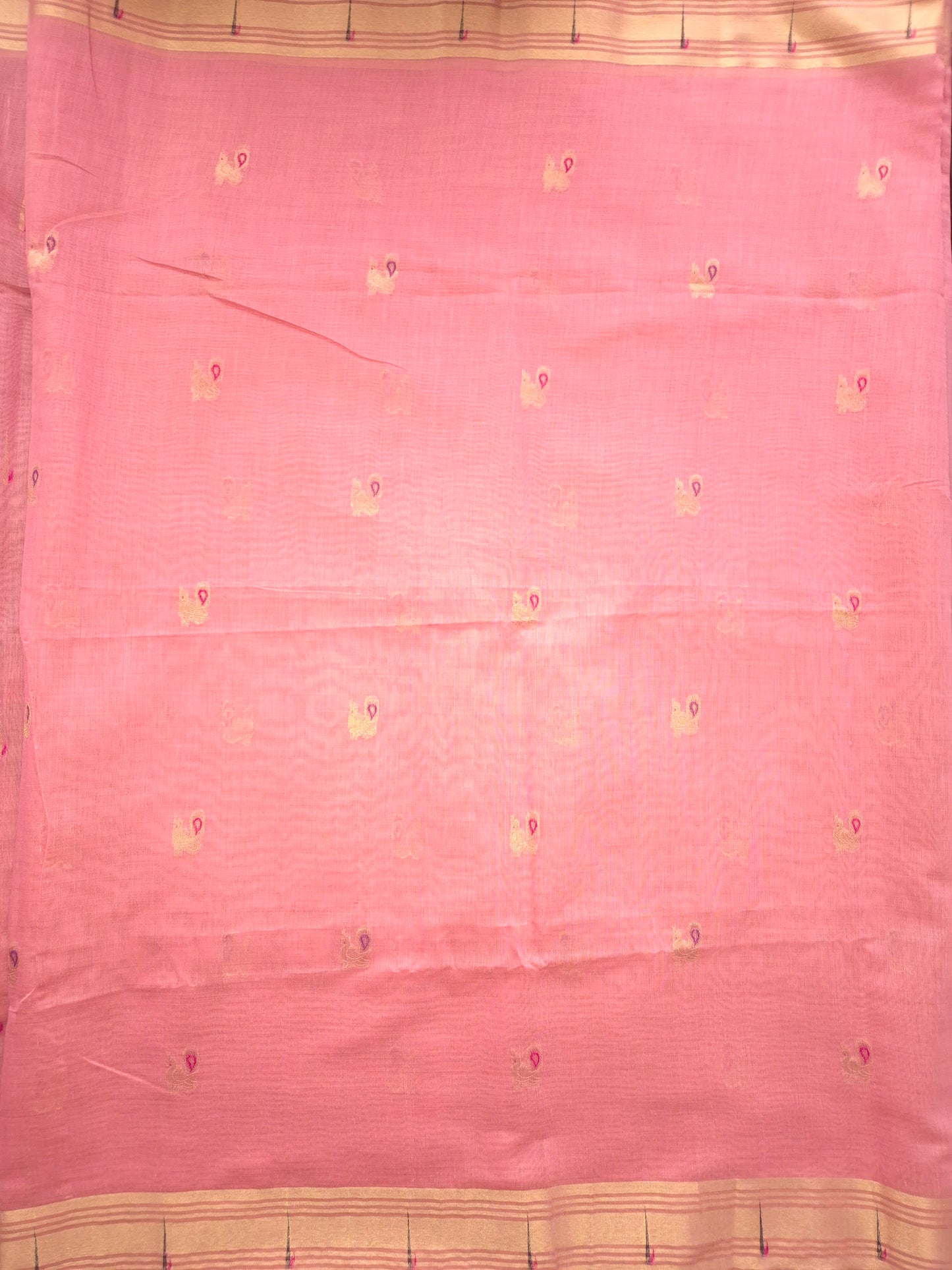 Pastel Pink Jamdani Saree with Golden Zari Peacock Buttas and Colorful Peacock Motifs on Pallu