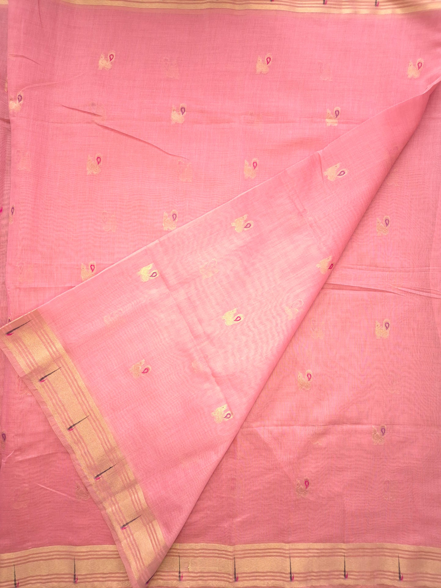 Pastel Pink Jamdani Saree with Golden Zari Peacock Buttas and Colorful Peacock Motifs on Pallu