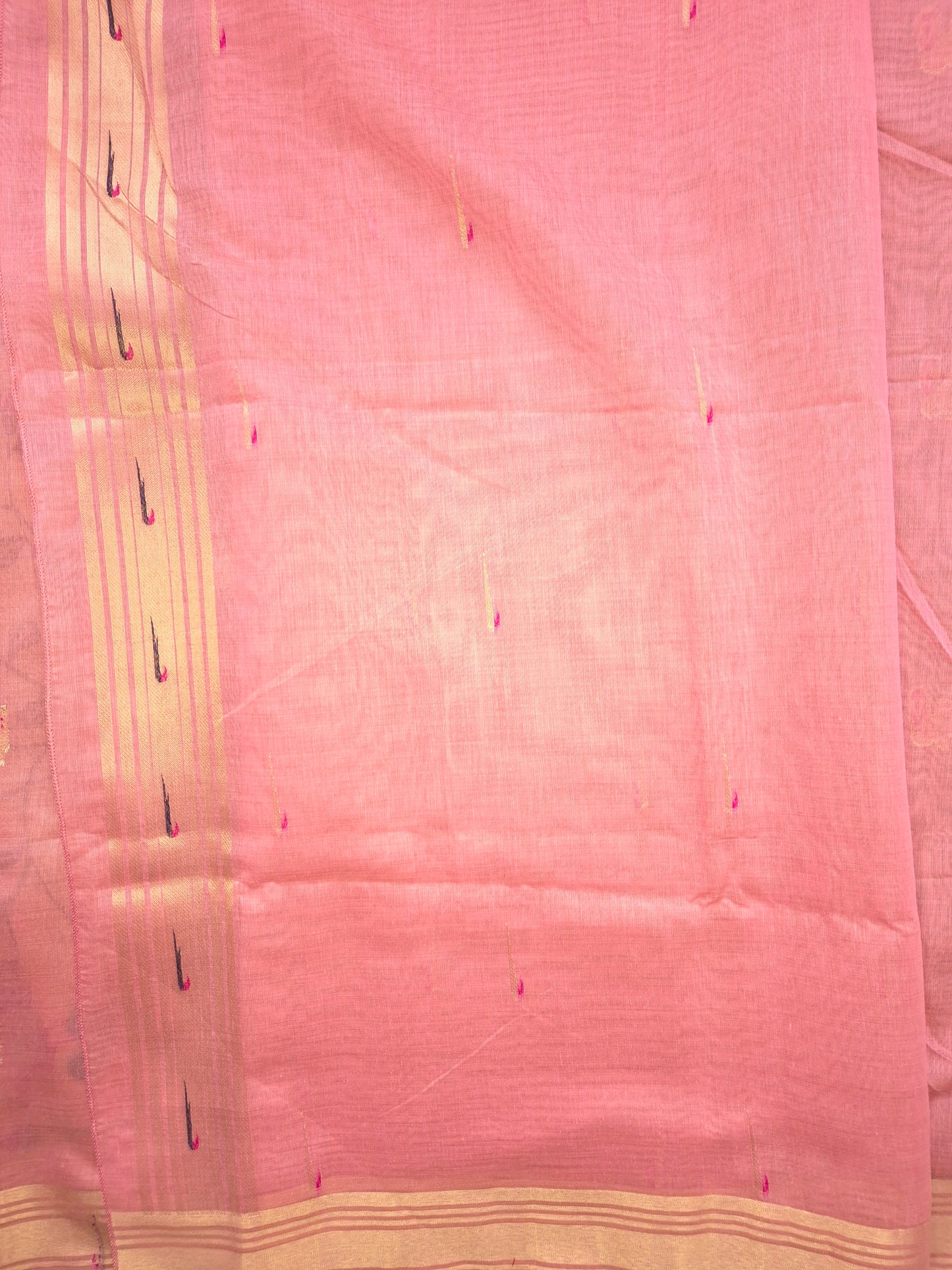 Pastel Pink Jamdani Saree with Golden Zari Peacock Buttas and Colorful Peacock Motifs on Pallu