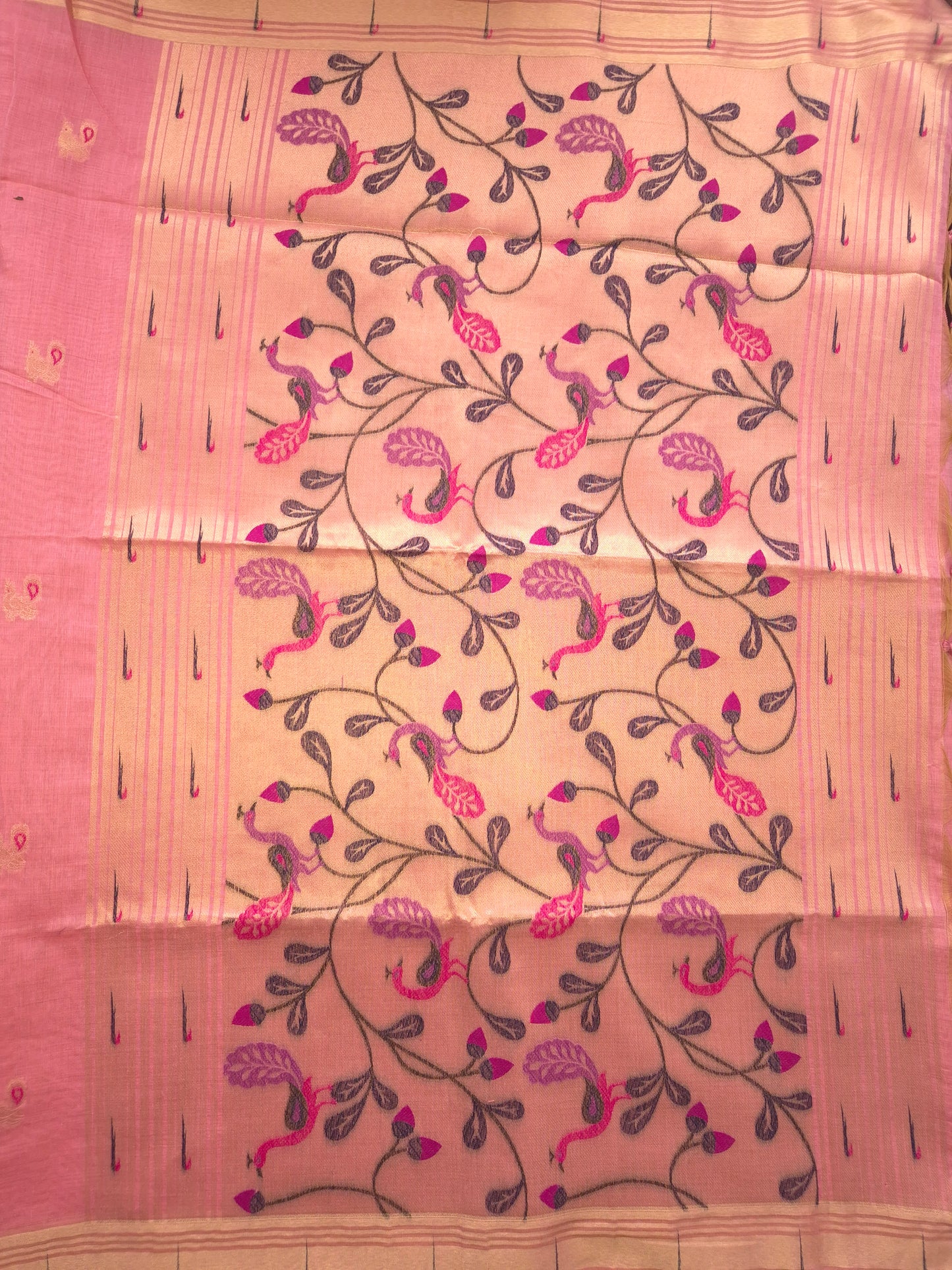 Pastel Pink Jamdani Saree with Golden Zari Peacock Buttas and Colorful Peacock Motifs on Pallu