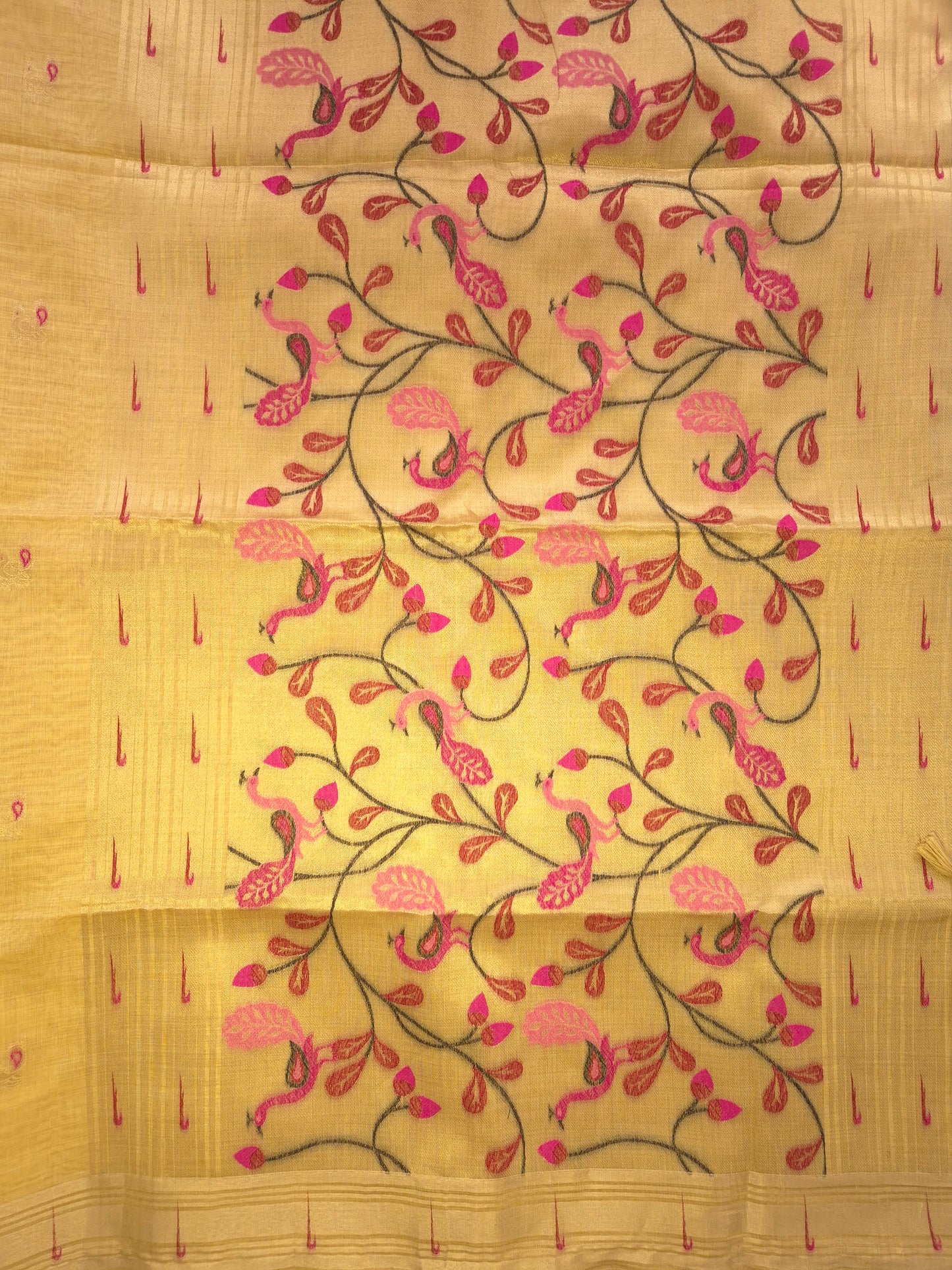 Light Yellow Jamdani Saree with Golden Zari Peacock Buttas and Colorful Peacock Motifs on Pallu