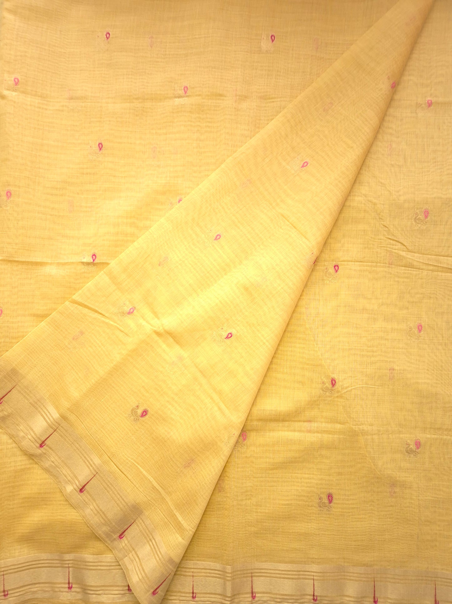 Light Yellow Jamdani Saree with Golden Zari Peacock Buttas and Colorful Peacock Motifs on Pallu