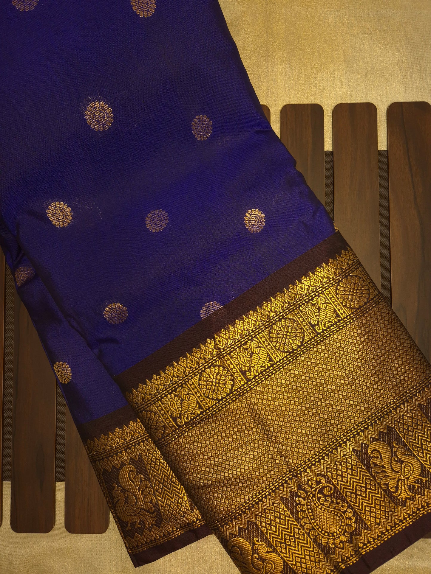 Royal Blue Gadwal Silk Saree with all-over Golden Buttas and Intricate Design on Dark Wine Border