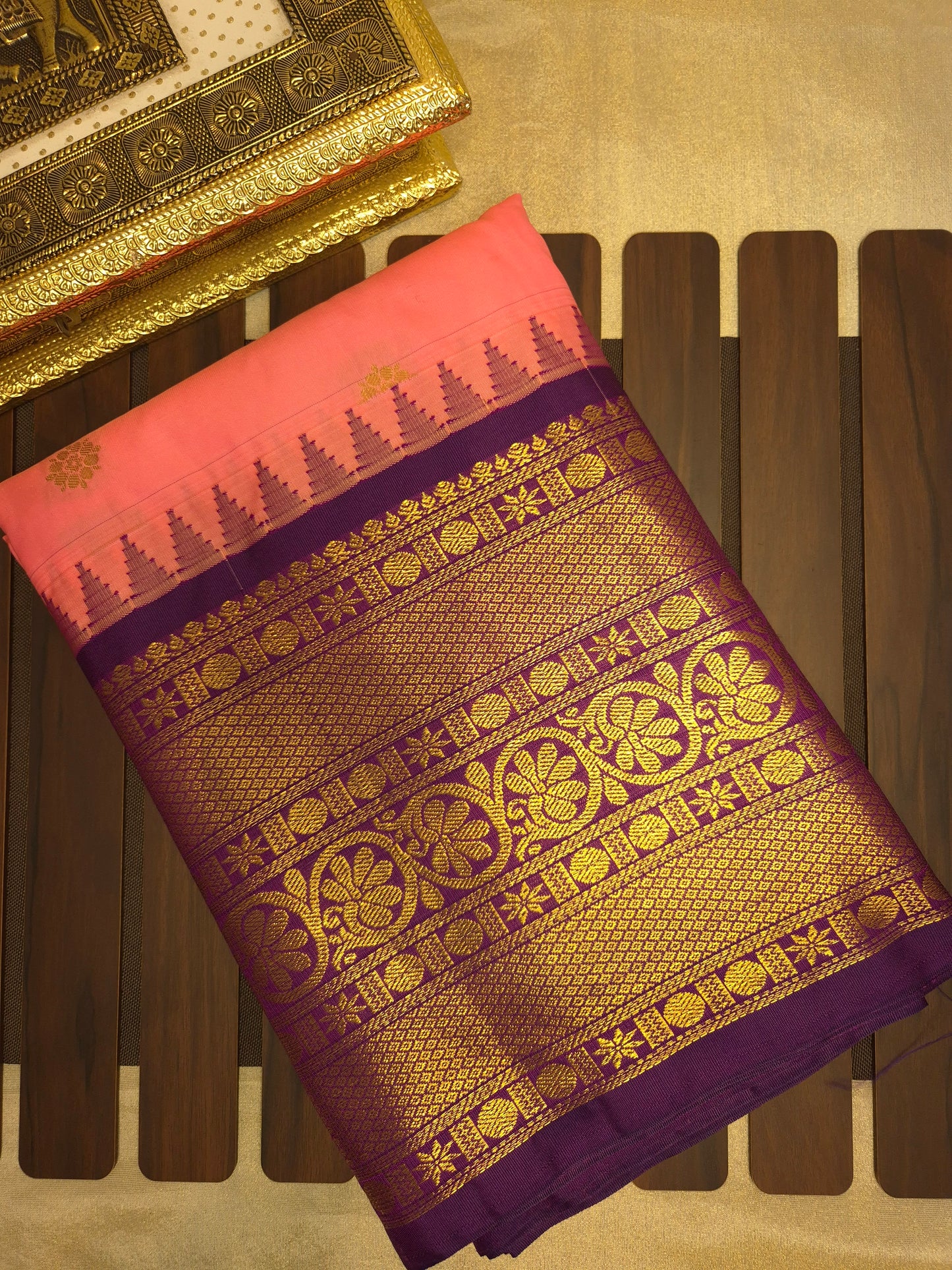 Neon Pink Gadwal Silk Saree with all-over Golden Buttas and Intricate Design on Purple Border