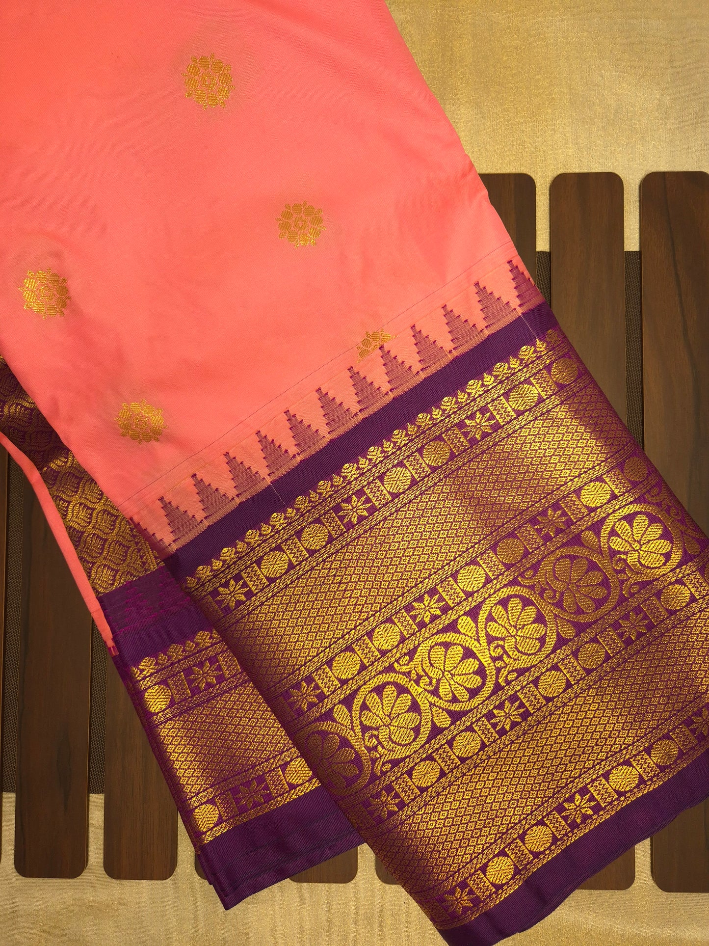 Neon Pink Gadwal Silk Saree with all-over Golden Buttas and Intricate Design on Purple Border