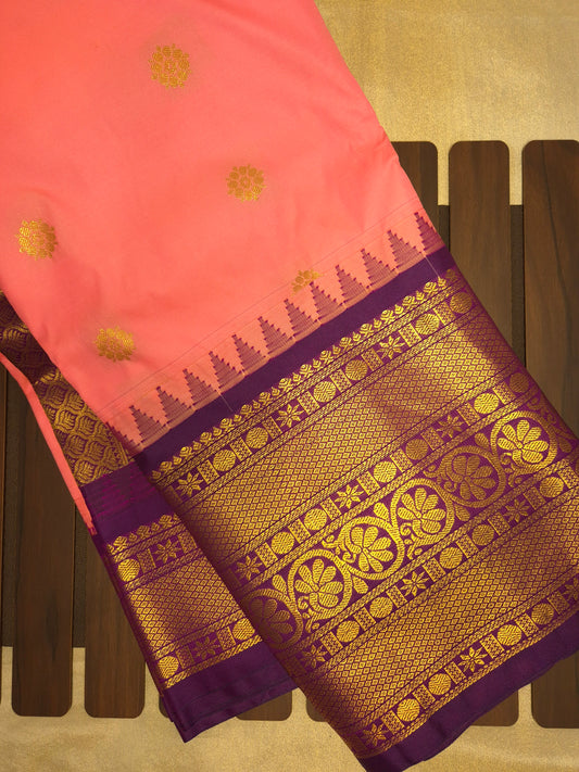 Neon Pink Gadwal Silk Saree with all-over Golden Buttas and Intricate Design on Purple Border