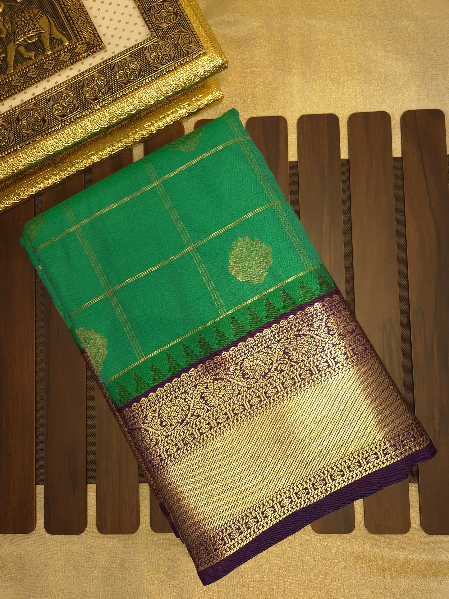 Rama Green Checkered Kanchipuram Semi Silk Saree with Purple Border