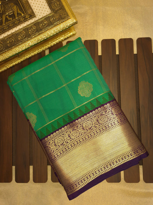 Rama Green Checkered Kanchipuram Semi Silk Saree with Purple Border
