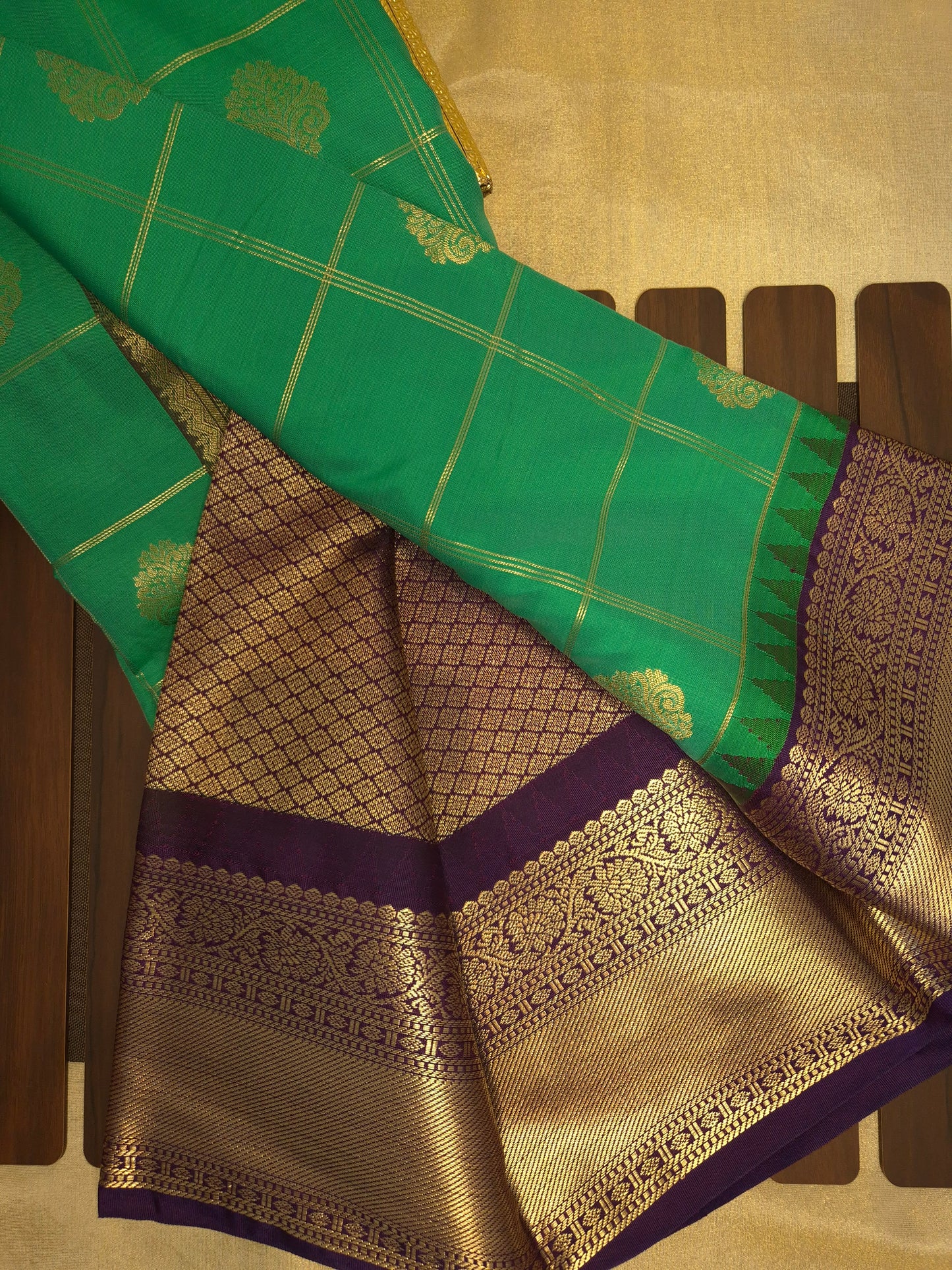 Rama Green Checkered Kanchipuram Semi Silk Saree with Purple Border