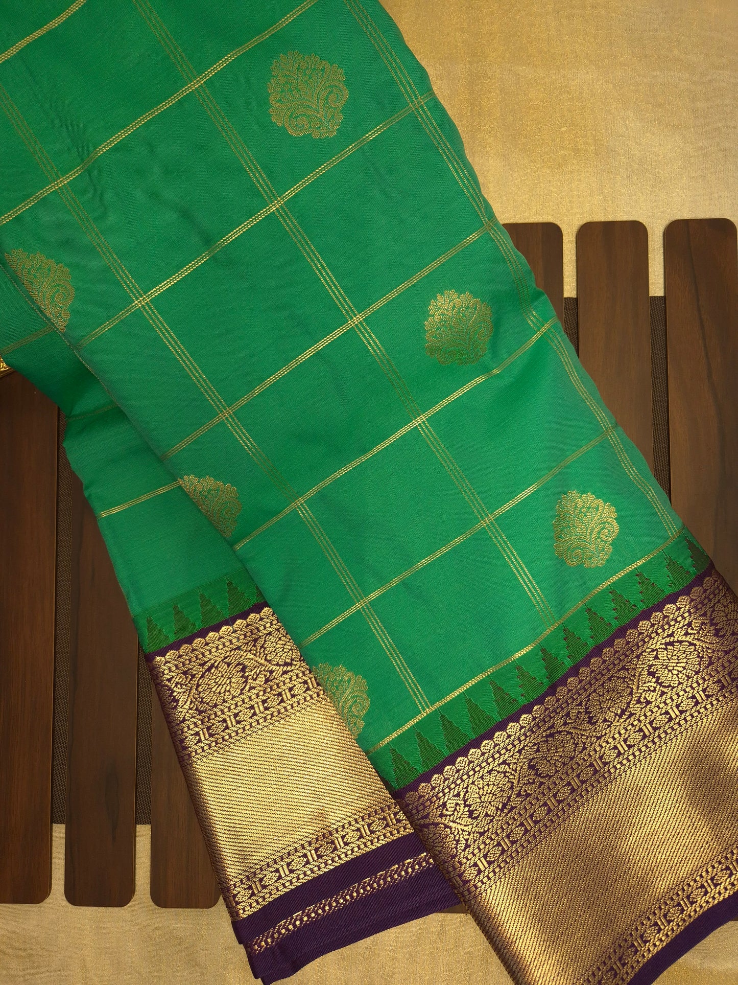 Rama Green Checkered Kanchipuram Semi Silk Saree with Purple Border