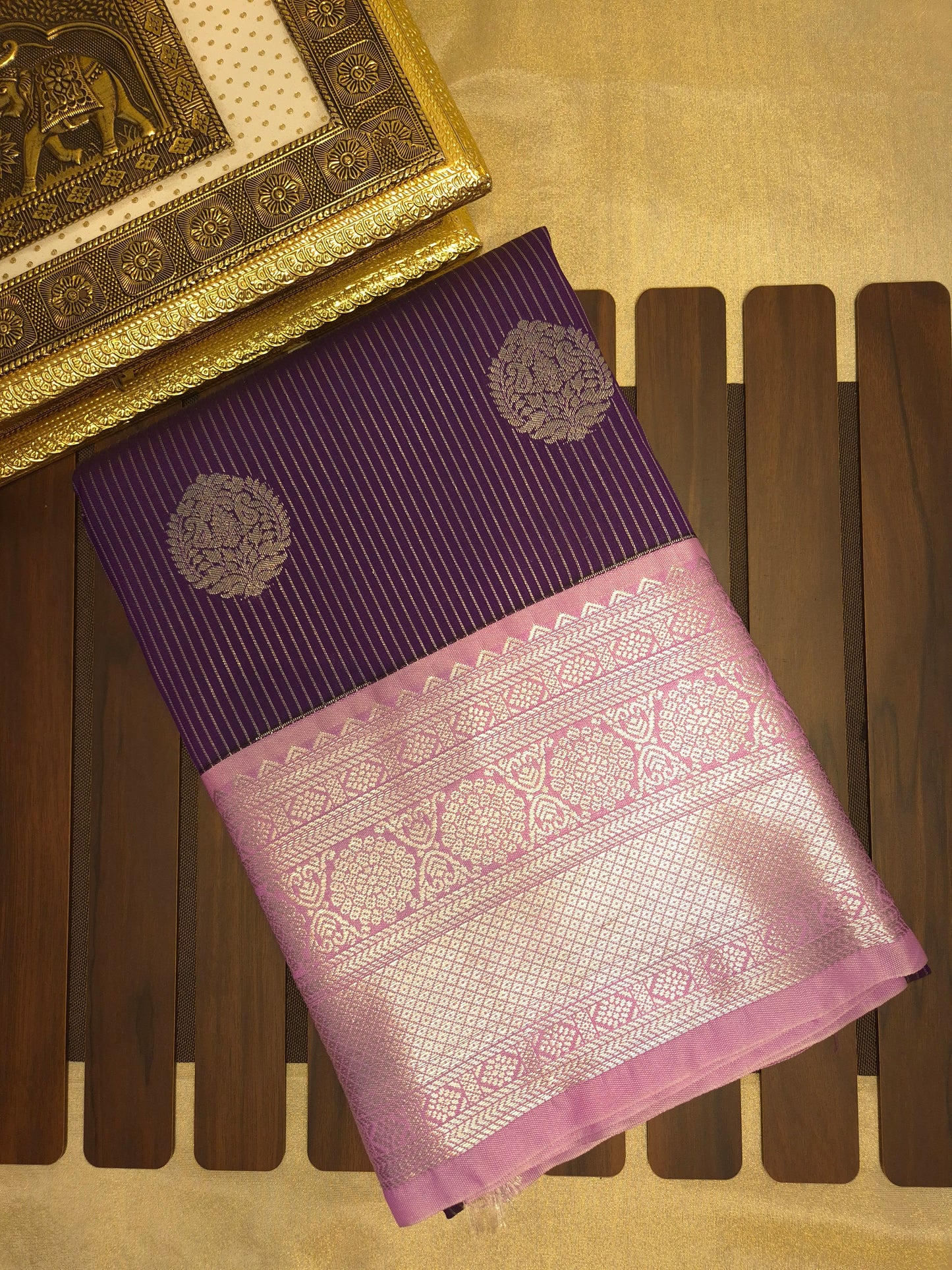 Dark Purple Kanchipuram Semi Silk Saree with allover Silver Zari with Lilac Border