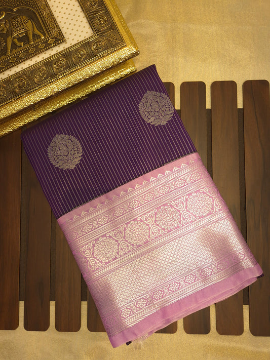 Dark Purple Kanchipuram Semi Silk Saree with allover Silver Zari with Lilac Border