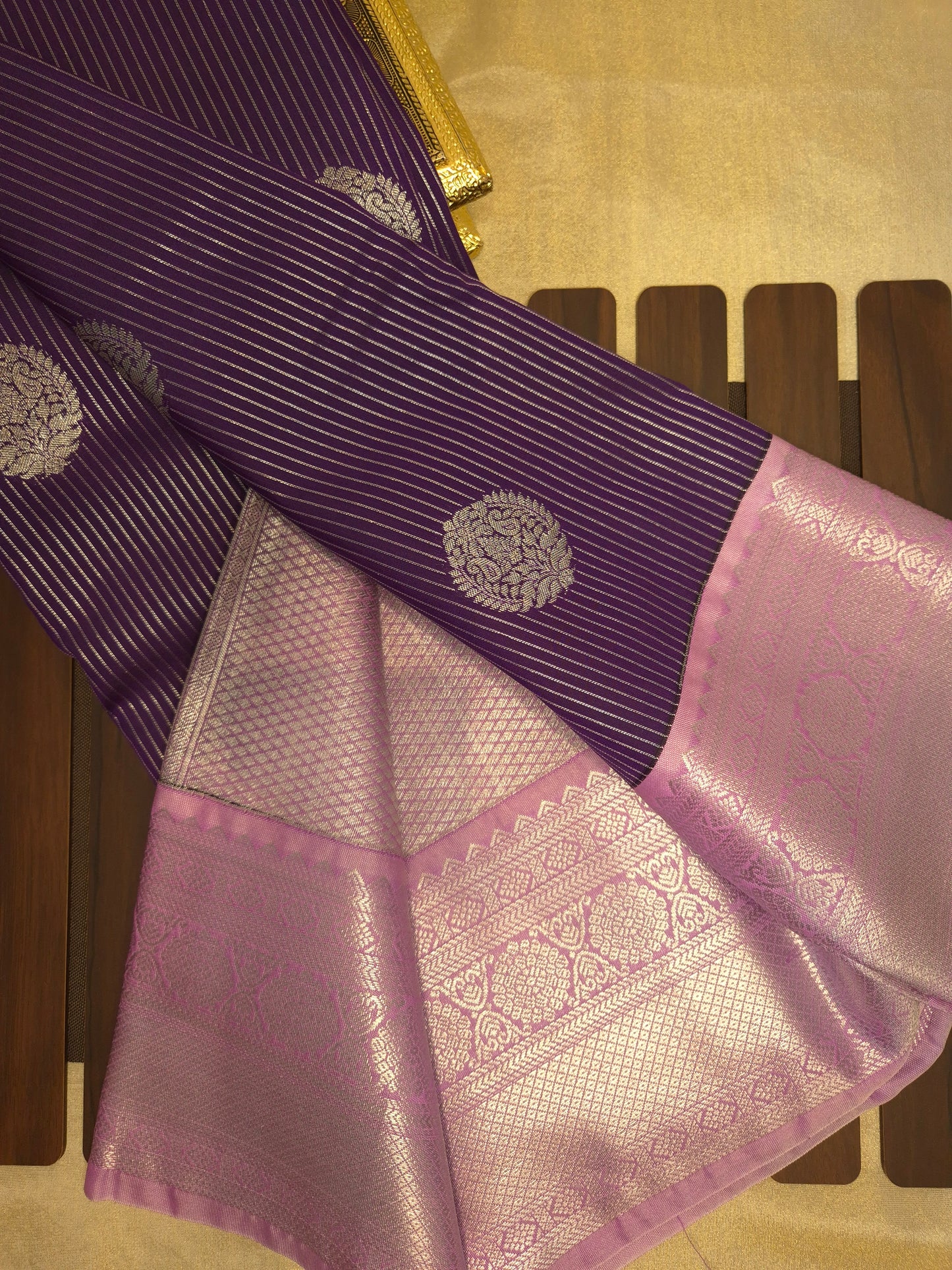 Dark Purple Kanchipuram Semi Silk Saree with allover Silver Zari with Lilac Border