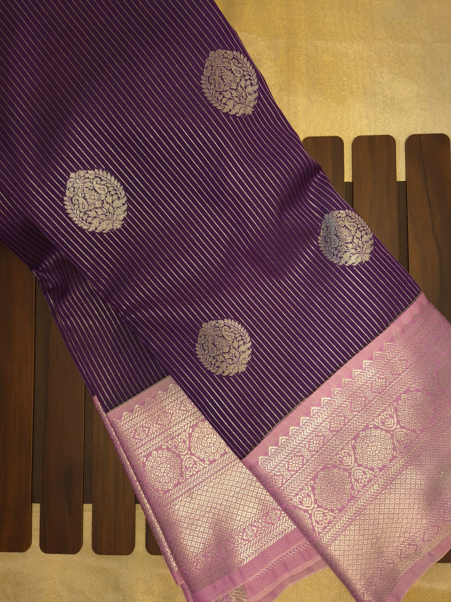 Dark Purple Kanchipuram Semi Silk Saree with allover Silver Zari with Lilac Border