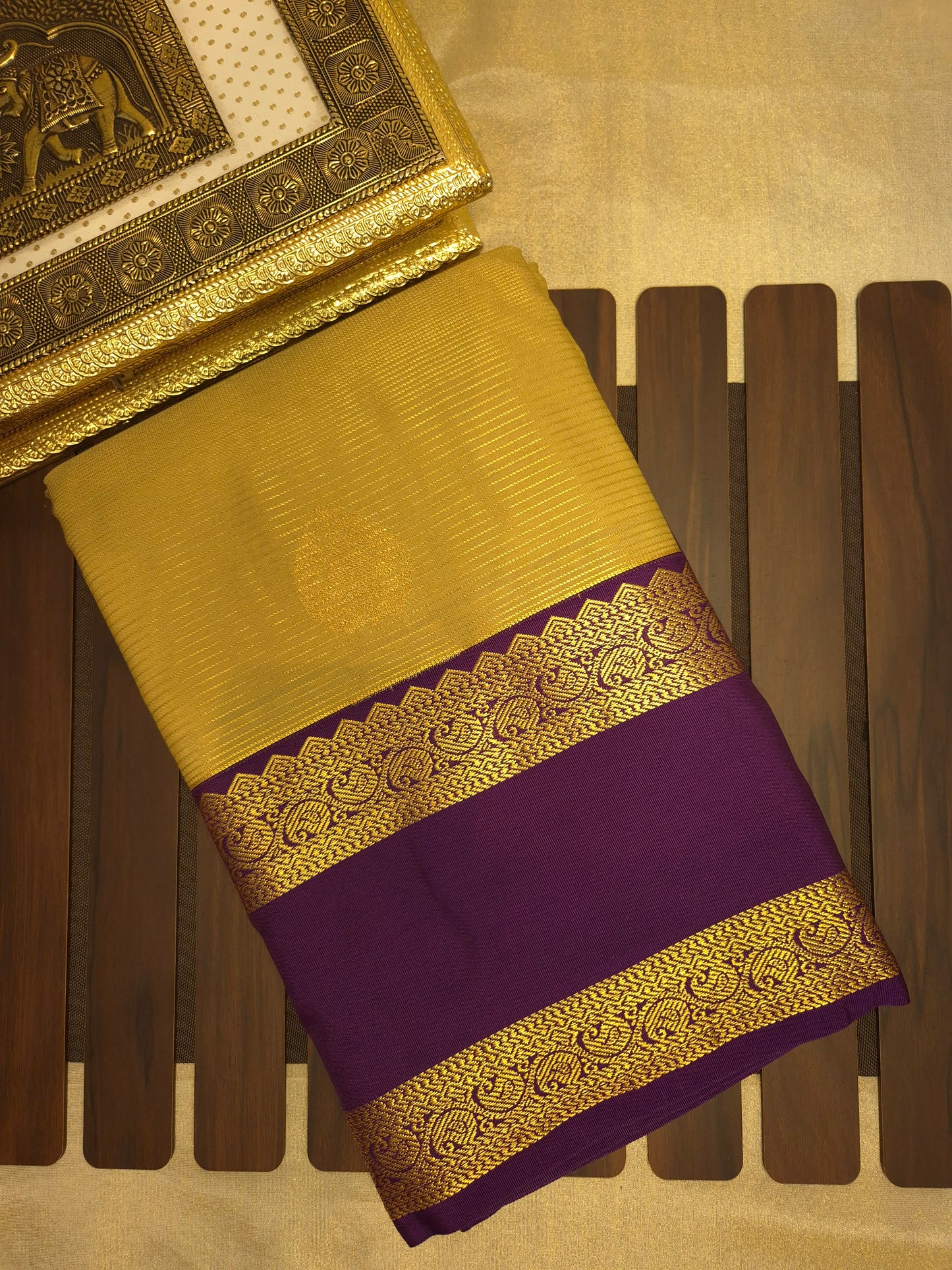 Golden Kanchipuram Semi Silk Saree with Purple Border
