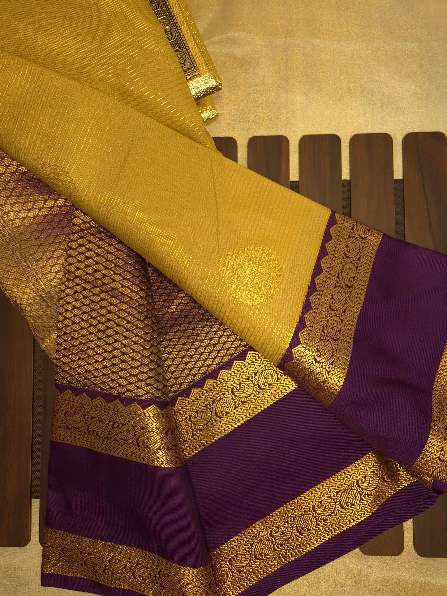 Golden Kanchipuram Semi Silk Saree with Purple Border