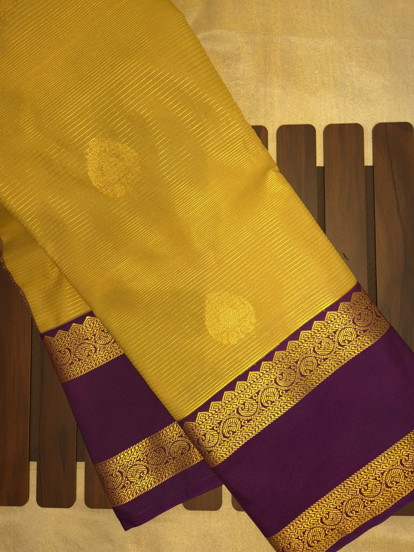 Golden Kanchipuram Semi Silk Saree with Purple Border