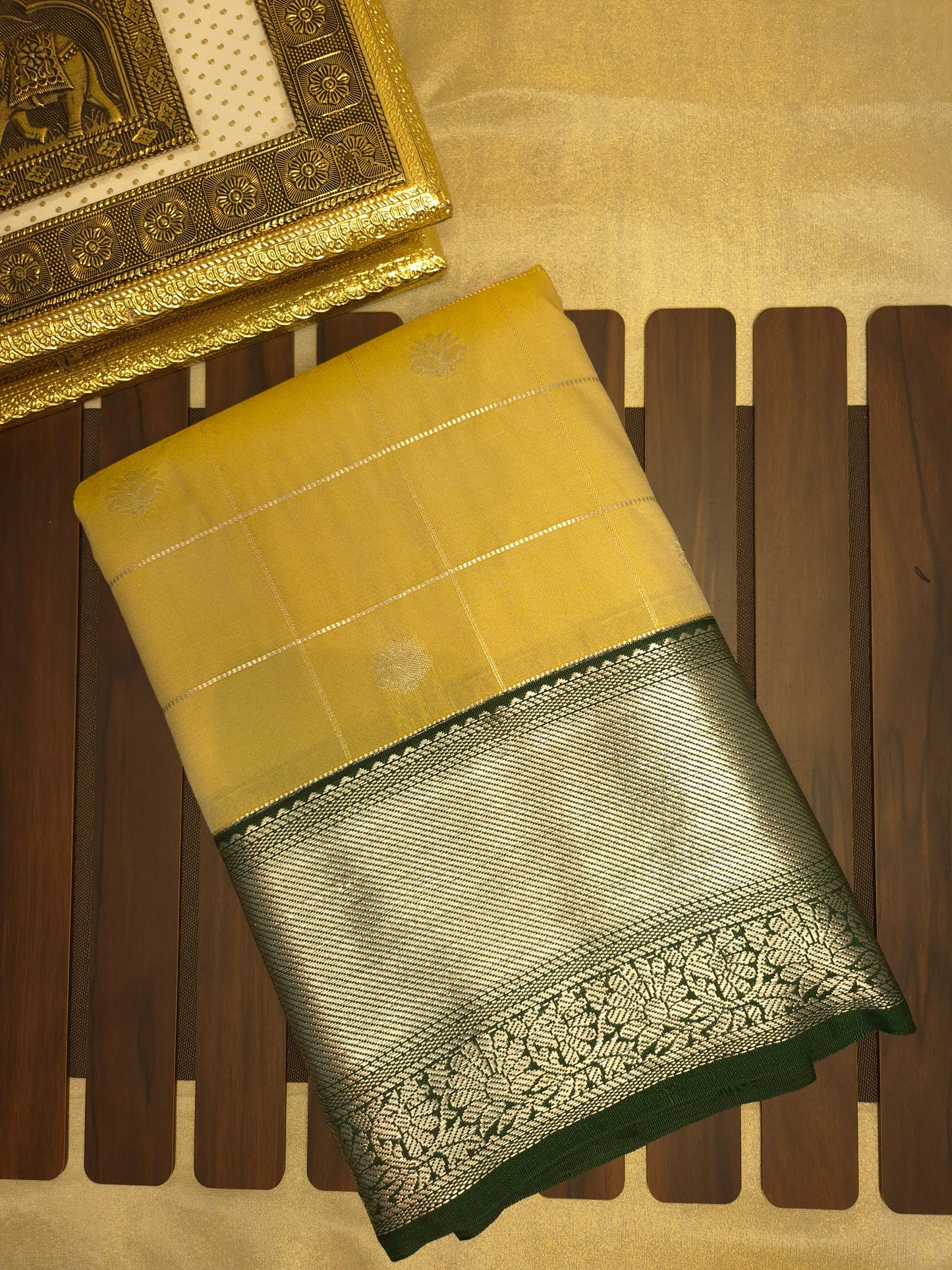 Beige Checkered Kanchipuram Semi Silk Saree with Dark Green Border