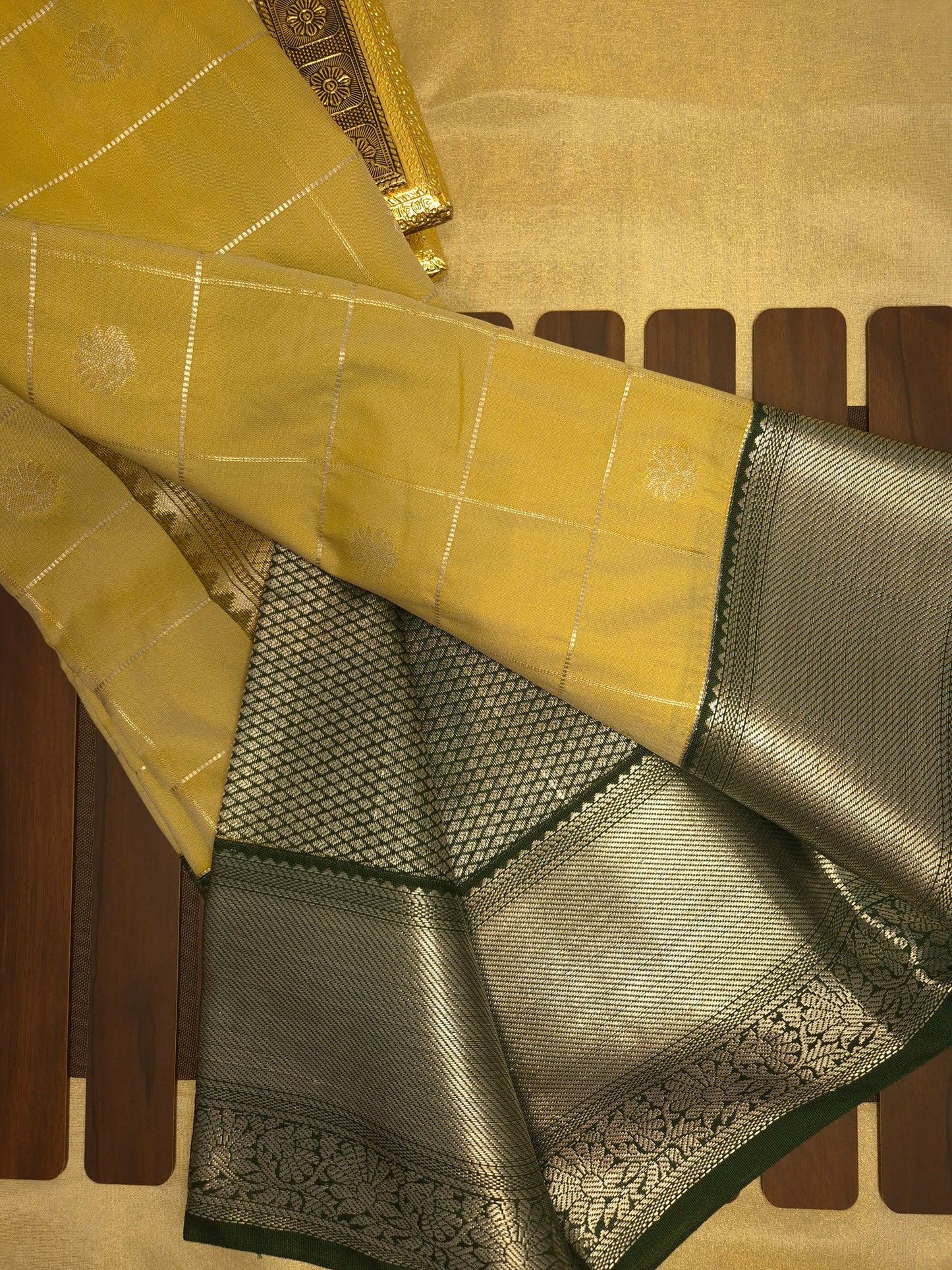 Beige Checkered Kanchipuram Semi Silk Saree with Dark Green Border