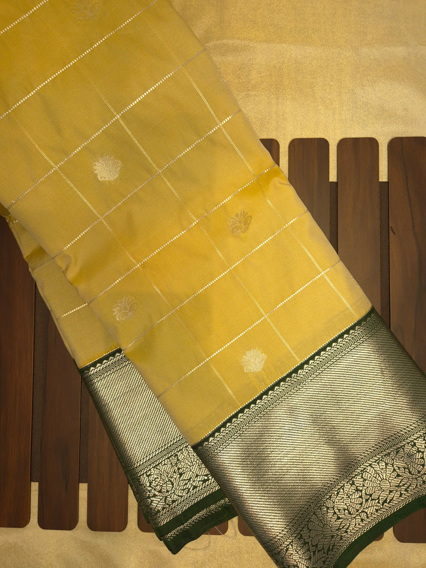 Beige Checkered Kanchipuram Semi Silk Saree with Dark Green Border