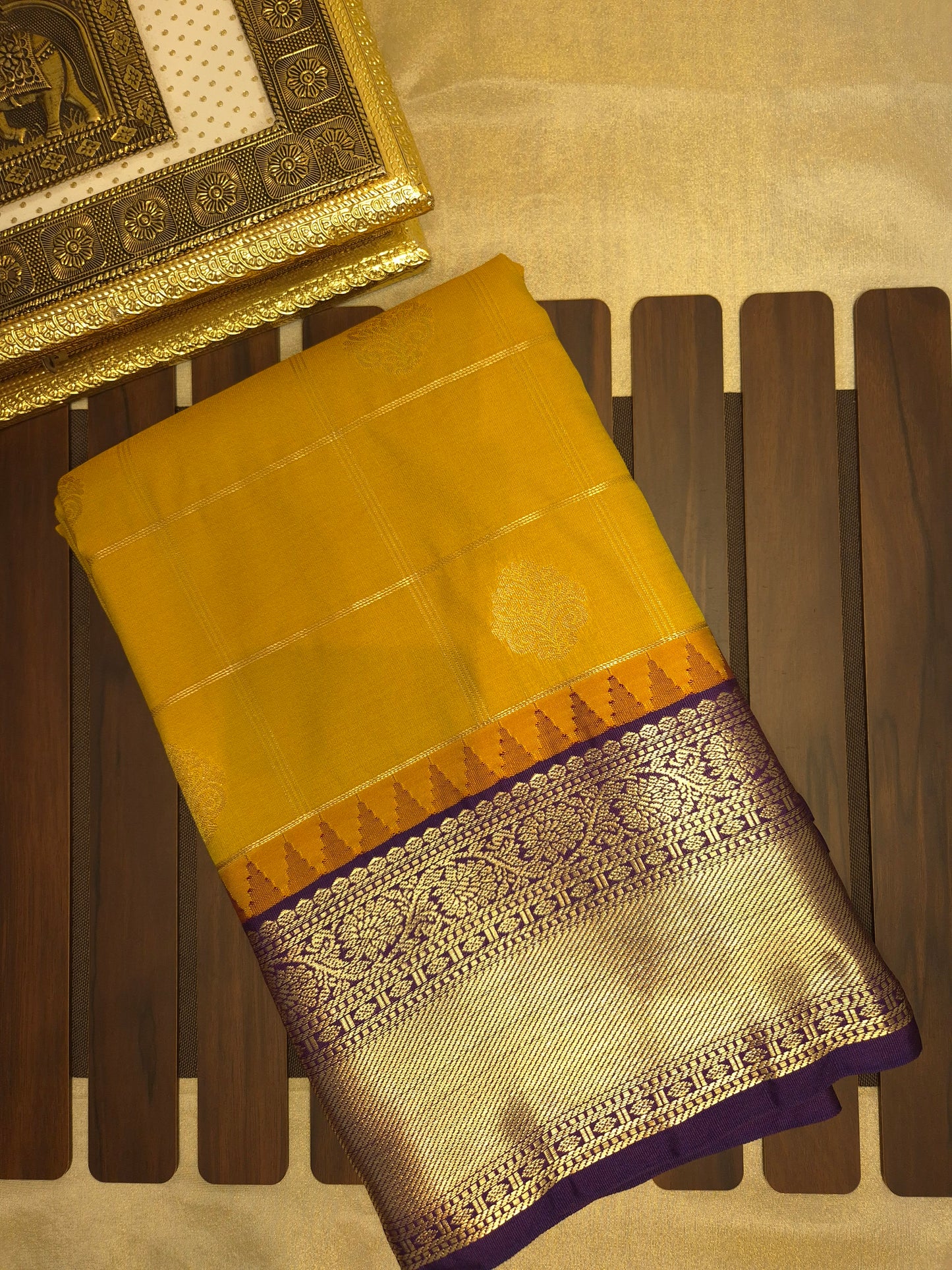 Yellow Checkered Kanchipuram Semi Silk Saree with Purple Border
