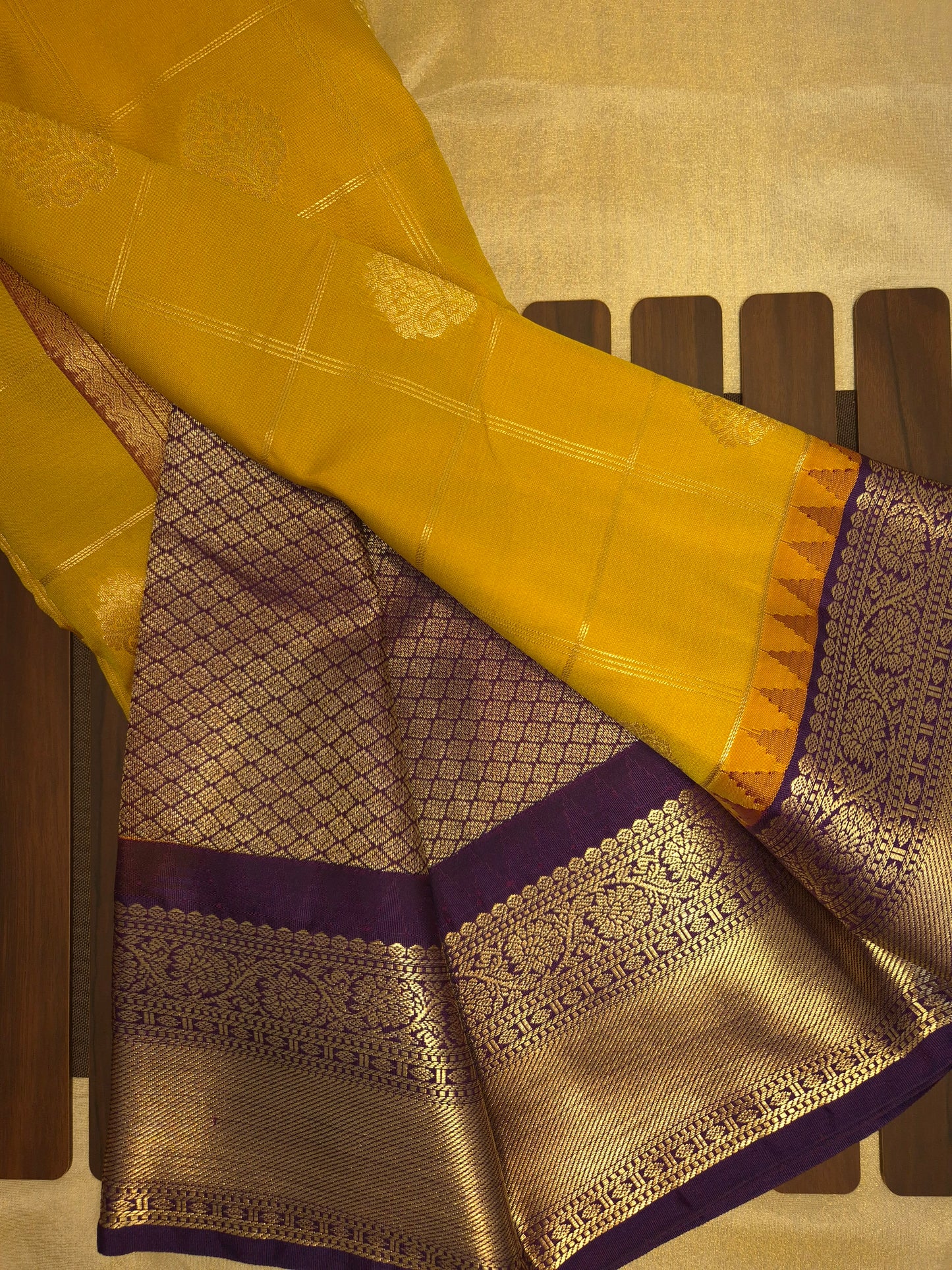 Yellow Checkered Kanchipuram Semi Silk Saree with Purple Border