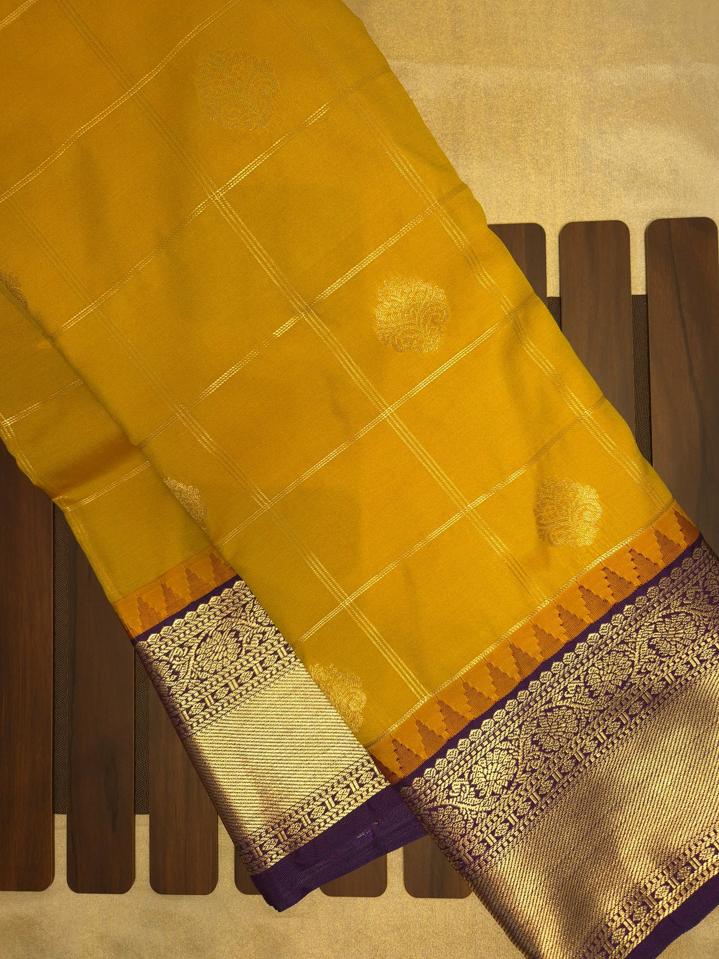Yellow Checkered Kanchipuram Semi Silk Saree with Purple Border