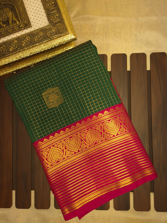 Dark Green Kanchipuram Semi Silk Saree with Checks allover with Dark Pink Border