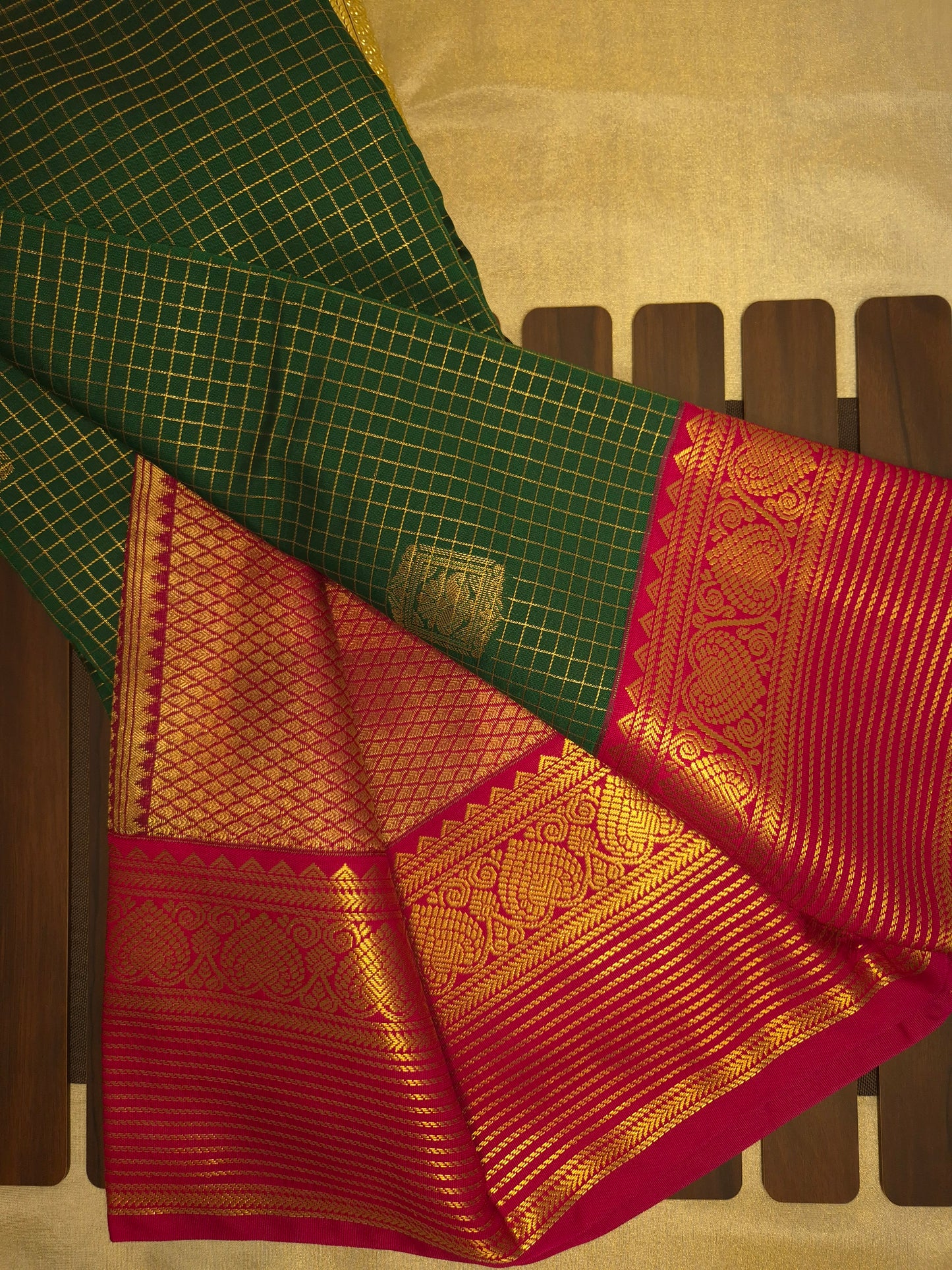 Dark Green Kanchipuram Semi Silk Saree with Checks allover with Dark Pink Border
