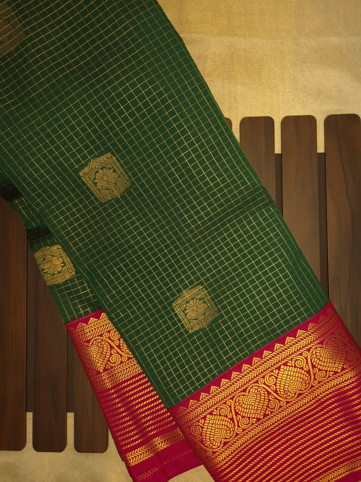 Dark Green Kanchipuram Semi Silk Saree with Checks allover with Dark Pink Border