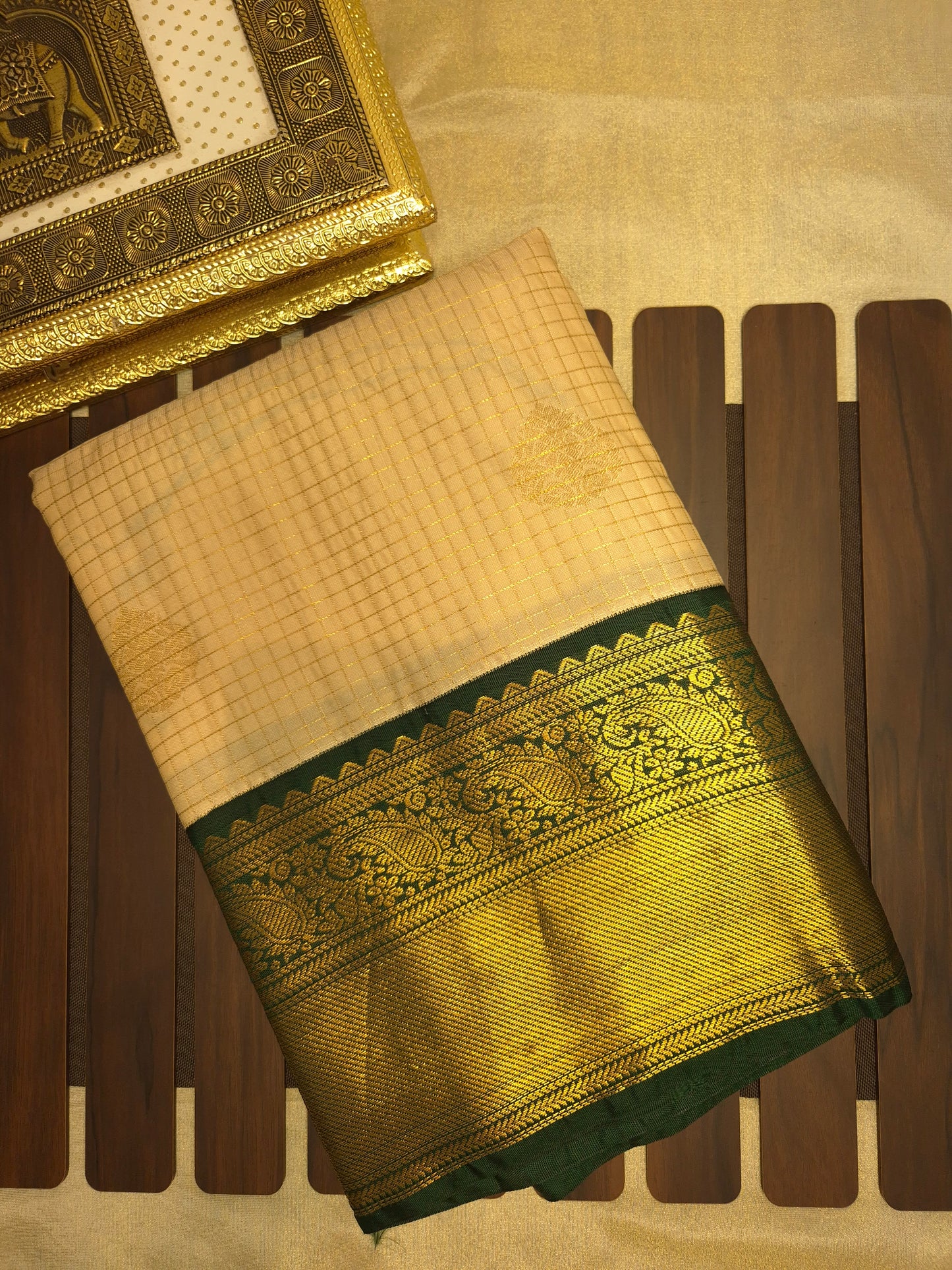 Beige Checkered Kanchipuram Semi Silk Saree with Dark Green Border