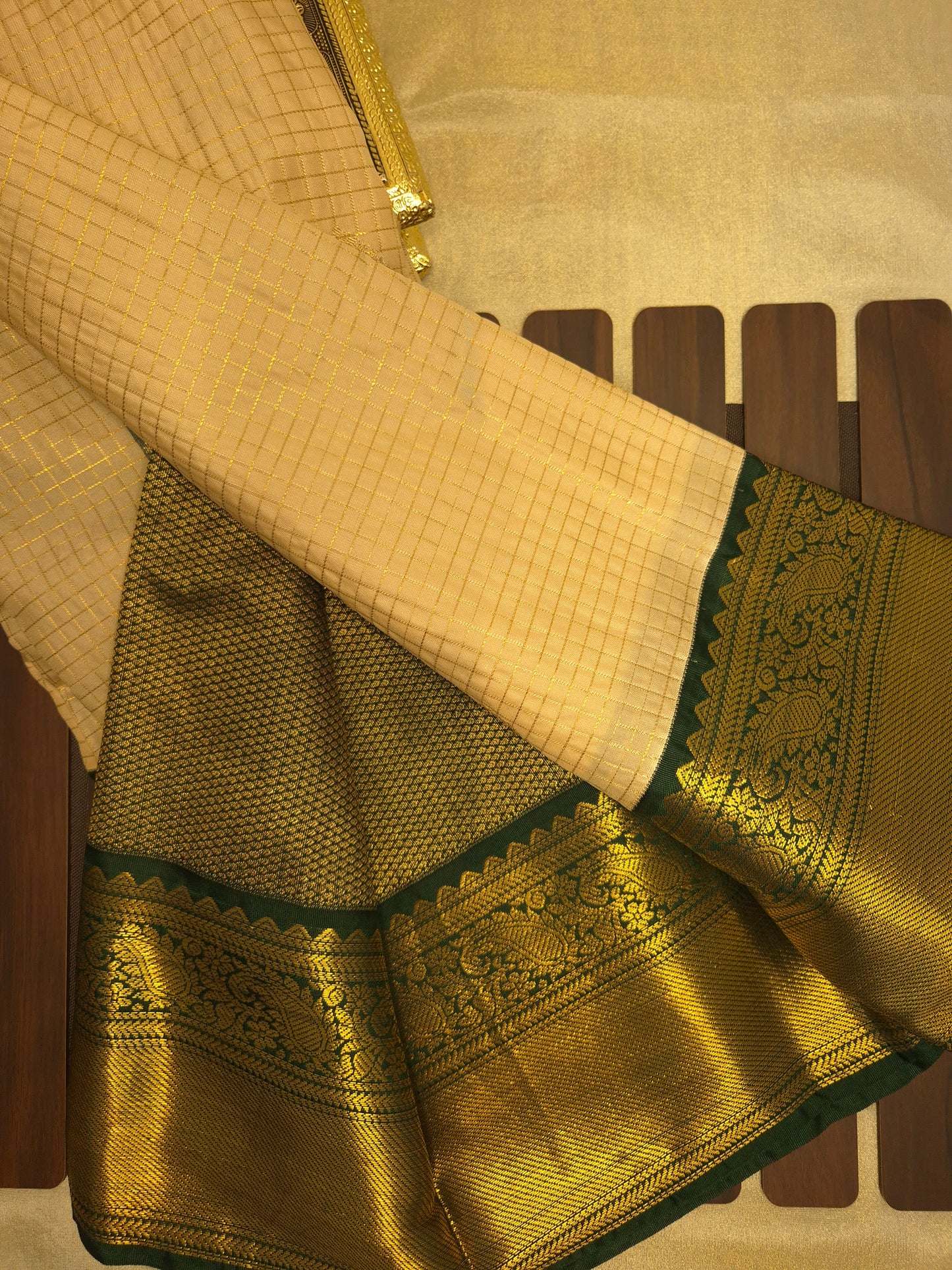 Beige Checkered Kanchipuram Semi Silk Saree with Dark Green Border