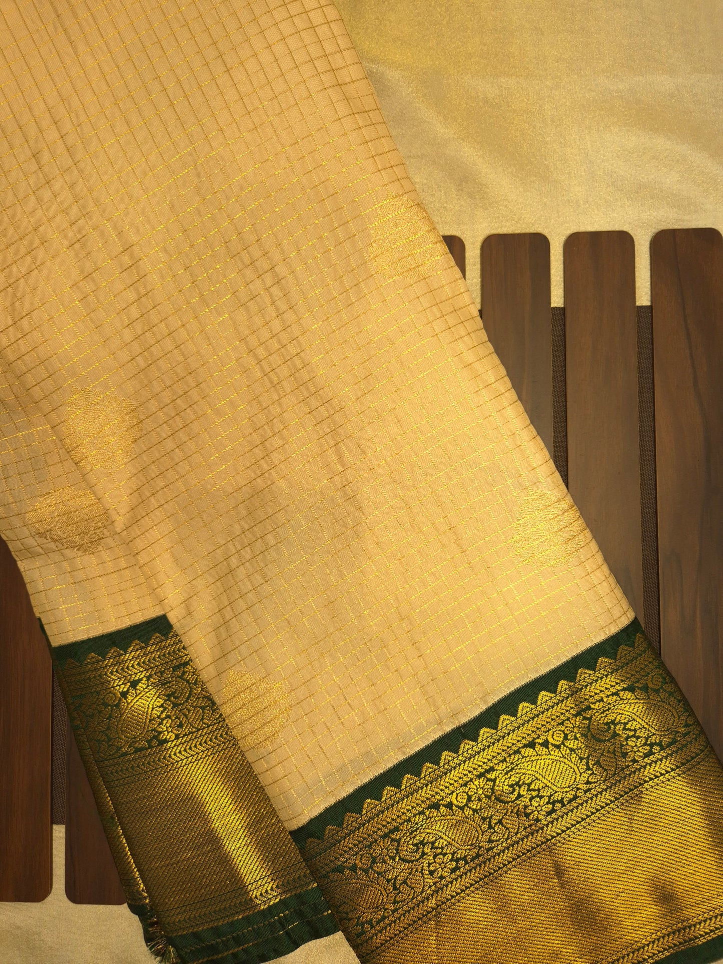 Beige Checkered Kanchipuram Semi Silk Saree with Dark Green Border