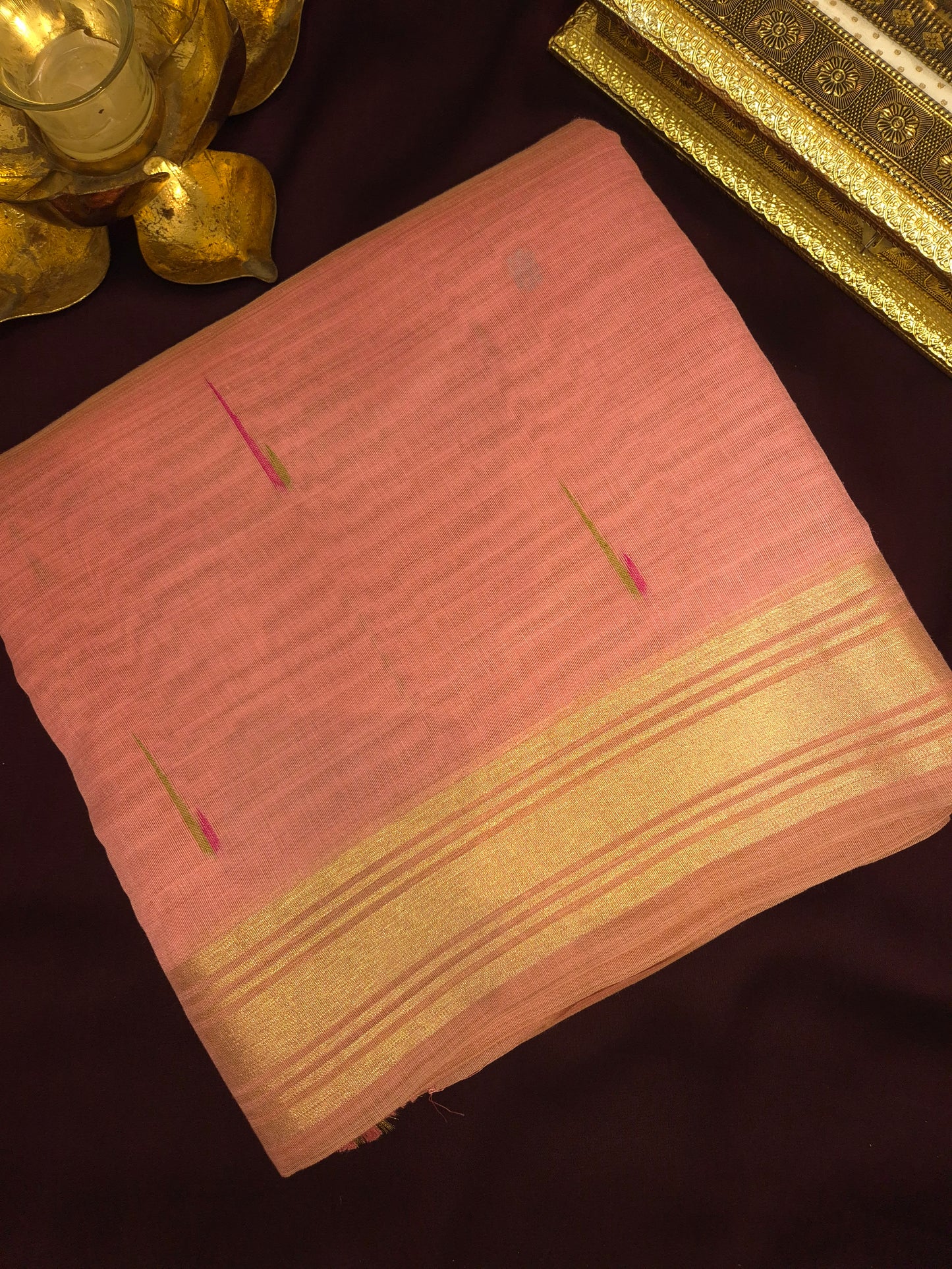 Light Pink Jamdani Saree with Colourful Buttas with Golden Zari and Colorful Floral Motifs on Pallu