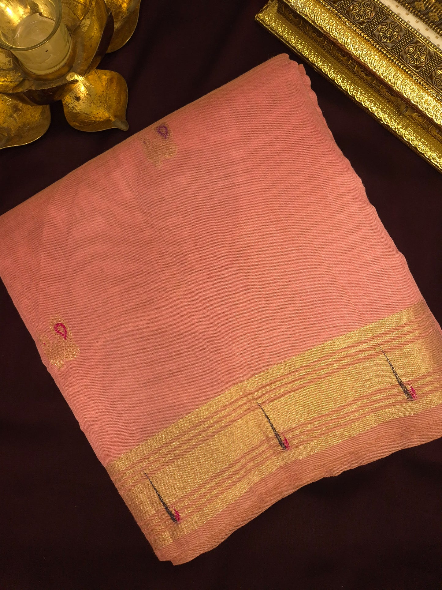 Pastel Pink Jamdani Saree with Golden Zari Peacock Buttas and Colorful Peacock Motifs on Pallu