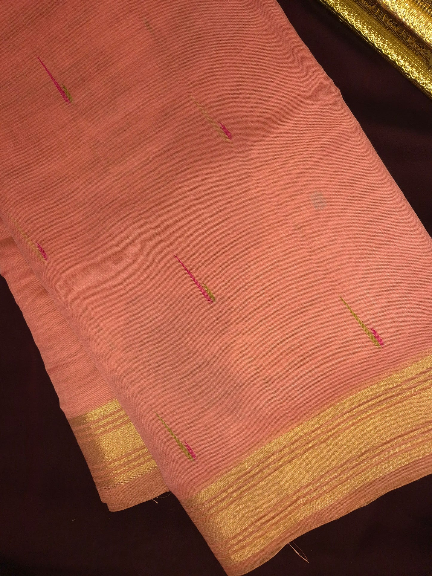Light Pink Jamdani Saree with Colourful Buttas with Golden Zari and Colorful Floral Motifs on Pallu