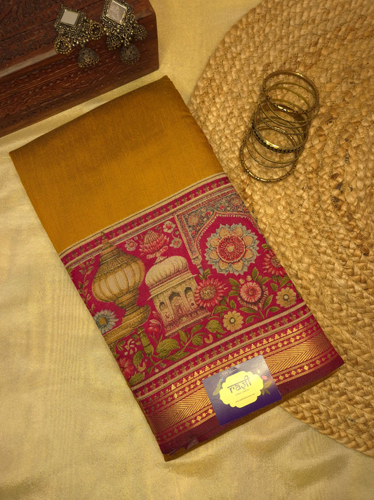Mustard Maheswari Silk Saree with Digital Kalamkari Print on Maroon Border
