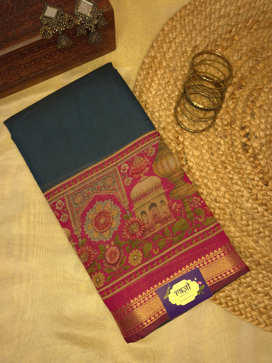 Deep Sea Blue Maheswari Silk Saree with Digital Kalamkari Print on Maroon Border