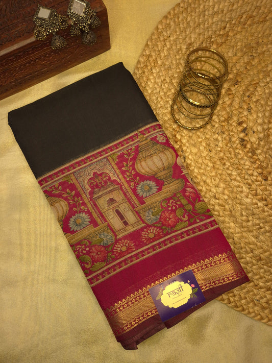 Black Maheswari Silk Saree with Digital Kalamkari Print on Maroon Border