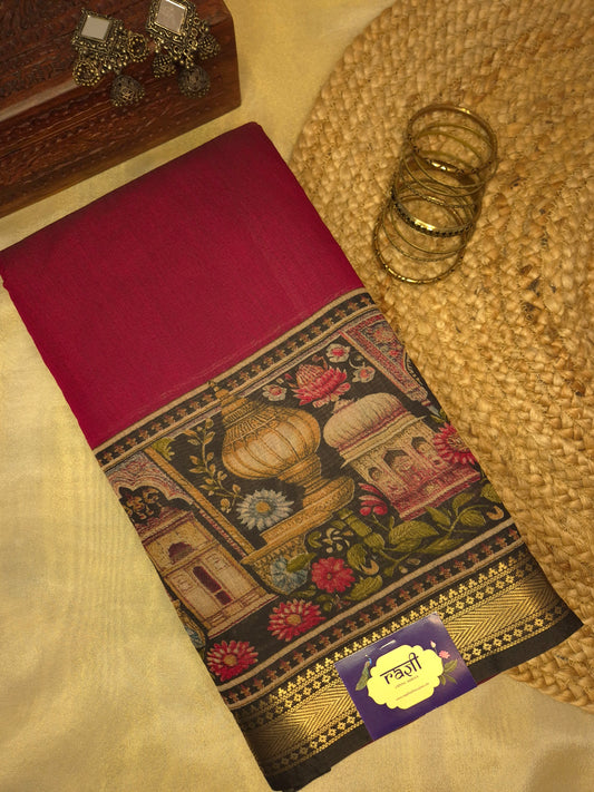 Maroon Maheswari Cotton Silk Saree with Digital Kalamkari Print on Black Border