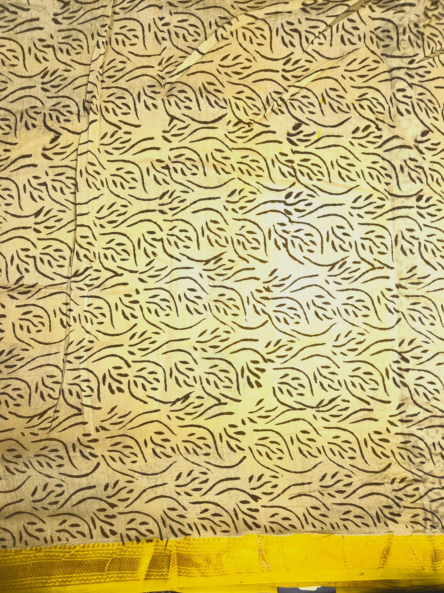 Ajrakh Printed Silk Saree with striped pattern and Broad Yellow Border