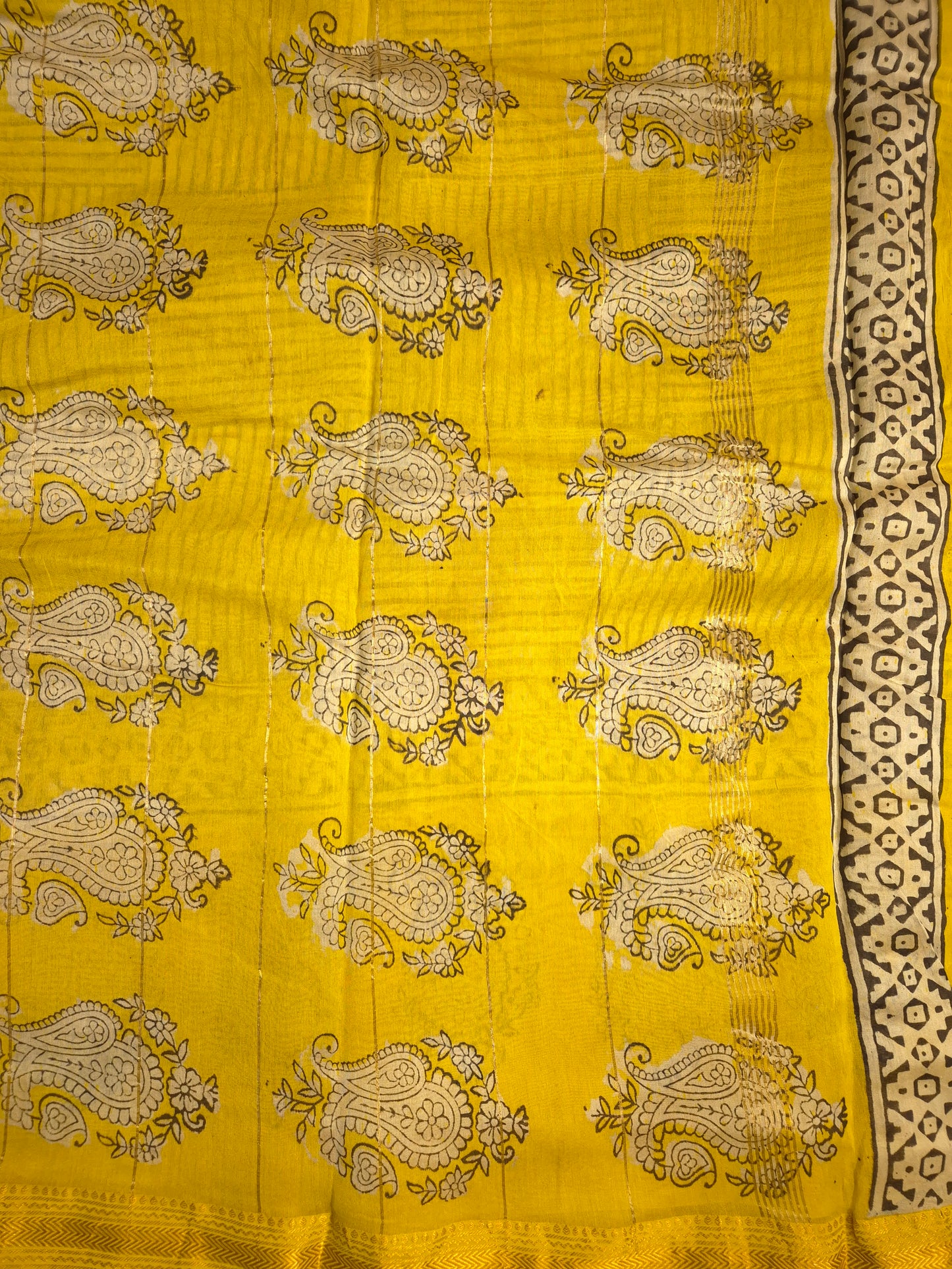 Ajrakh Printed Silk Saree with striped pattern and Broad Yellow Border