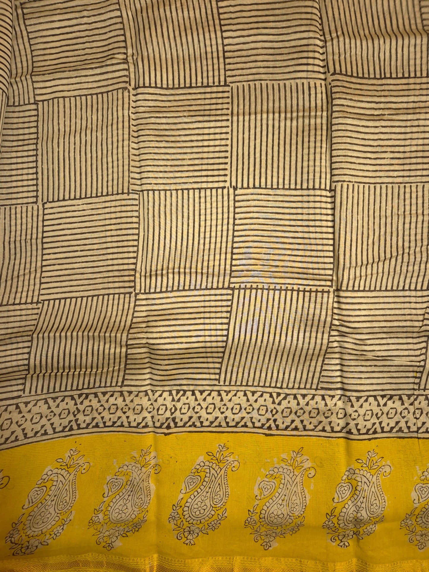 Ajrakh Printed Silk Saree with striped pattern and Broad Yellow Border